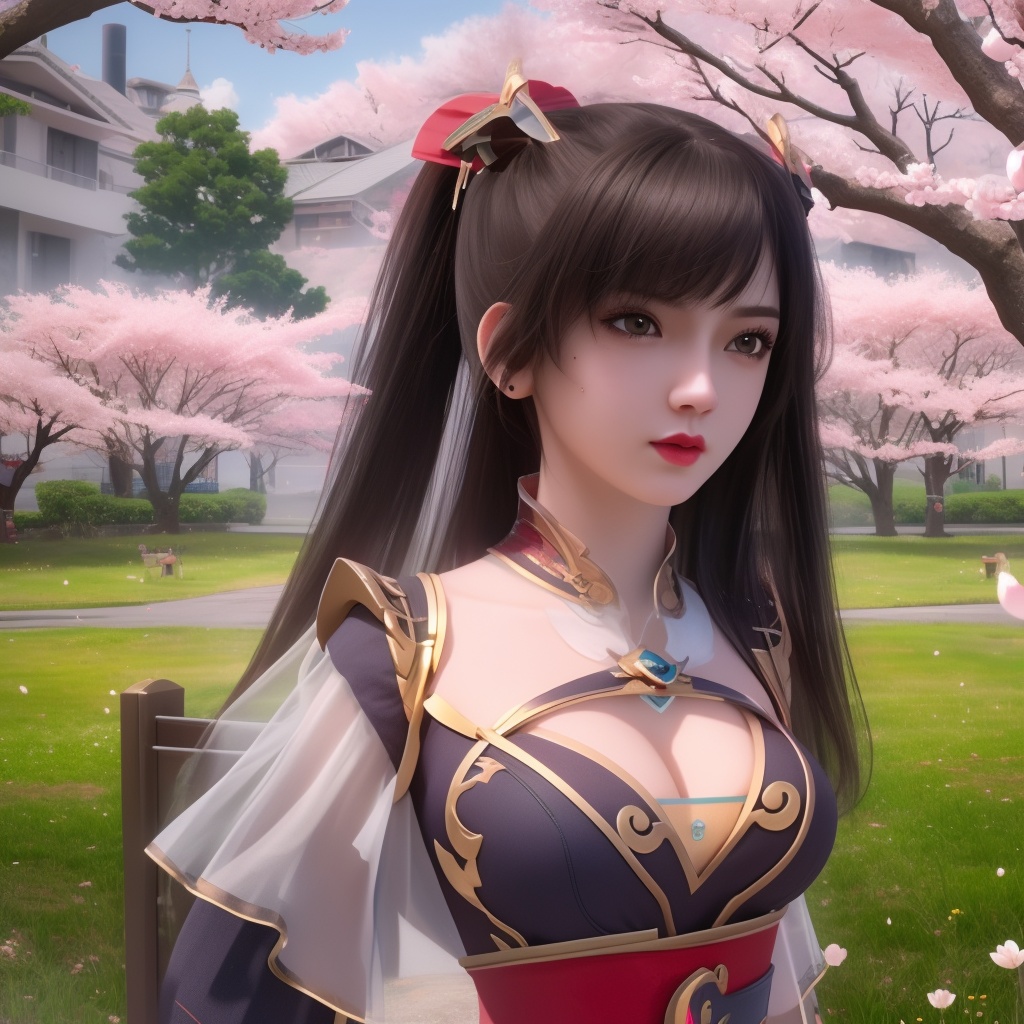 <lora:799-DA-神墓-楚钰:0.8>, (,1girl, ,best quality, ),,  ultra realistic 8k cg,ultra detailed 8k cg,masterpiece,upper body,  (( , )),, ,science fiction,mole, ,    ,outdoors, sun,sunlight, cherry blossoms,      (cleavage),,  (),