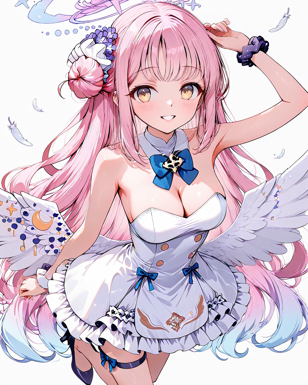 mika (blue archive),O,mika (blue archive), 1girl, dress, pink hair, solo, wings, hair bun, long hair, halo, white wings, low wings, white dress, breasts, single side bun, scrunchie, wrist scrunchie, full body, arm up, cleavage, feathered wings, hair ornament, wrist cuffs, medium breasts, bangs, looking at viewer, smile, yellow eyes, sleeveless dress, sleeveless, very long hair, angel wings, multicolored hair, hair flower, shoes, flower, gradient hair, bow, blush, black scrunchie, bare shoulders, crescent, blue bow, black footwear, armpits, strapless, ribbon, high heels, simple background, feathers, frills, white background, thigh strap, parted lips, detached collar, sidelocks, frilled dress, hair scrunchie,(UHD),anatomically correct,accurate,textured skin,super detail,high details,award winning,best quality,high quality,retinal,HD,16k,1080P,