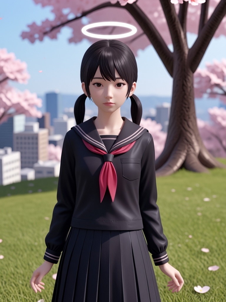 A medium shot in a 3D anime style captures a realistic girl with black hair styled in low twintails and bangs facing the v...