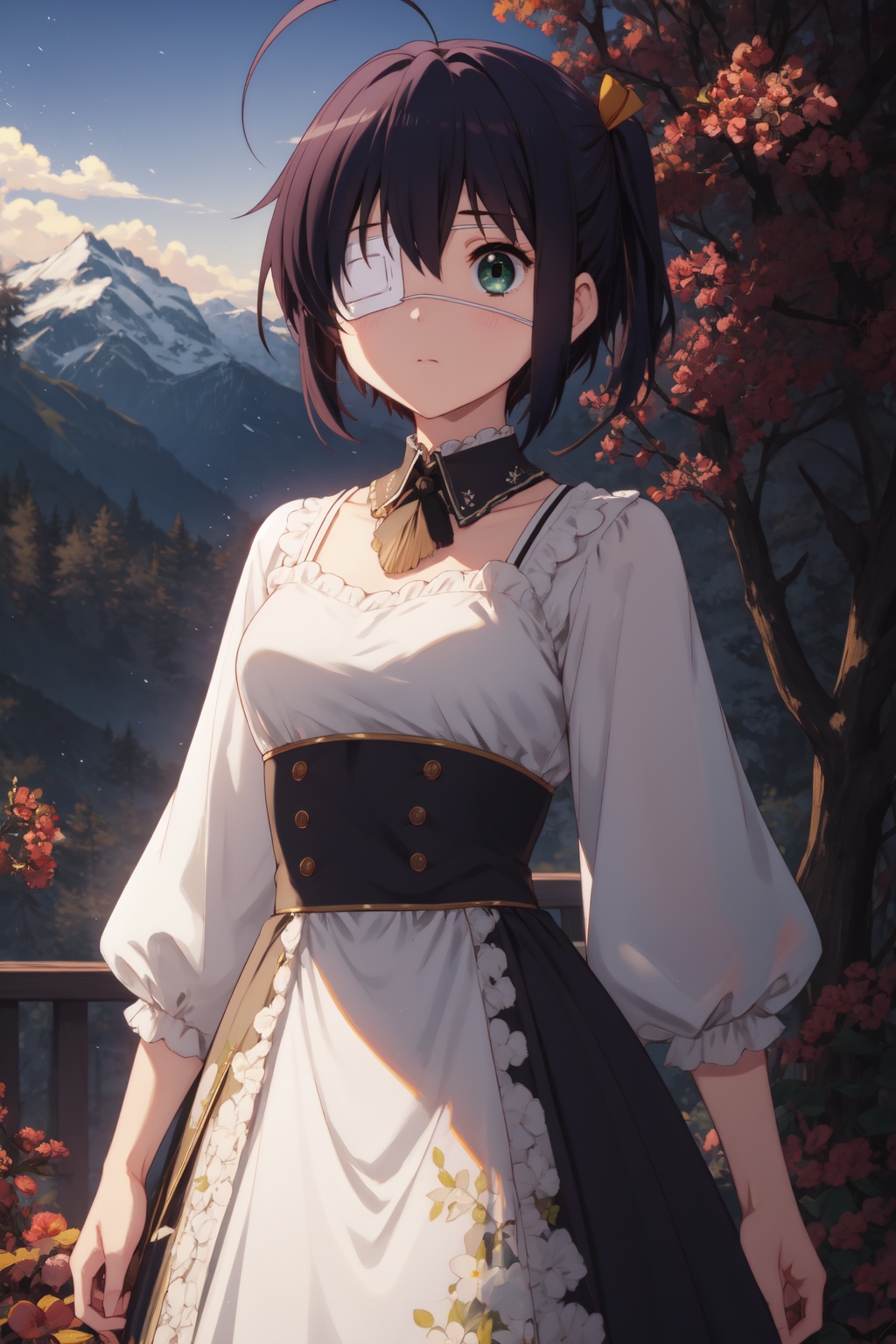 <lora:Rikka-000006:0.8>,Rikka CYQL,1girl,looking at viewer,solo,black hair,short hair,ahoge,ribbon,one side up,green eyes,eyepatch,medical eyepatch,Crochet lace fit and flare dress with scalloped edges,happy,bust,Mountains, Mist, Dawn, Sky, Peaks, Trees, Serenity, Tranquility,(Maple trees, Acorns, Mushrooms, Fallen leaves, Golden sunlight, Rustling breeze:0.5),beautiful detailed sky,beautiful detailed glow,posing in front of a colorful and dynamic background,masterpiece,best quality,beautiful and aesthetic,contrapposto,female focus,wallpaper,