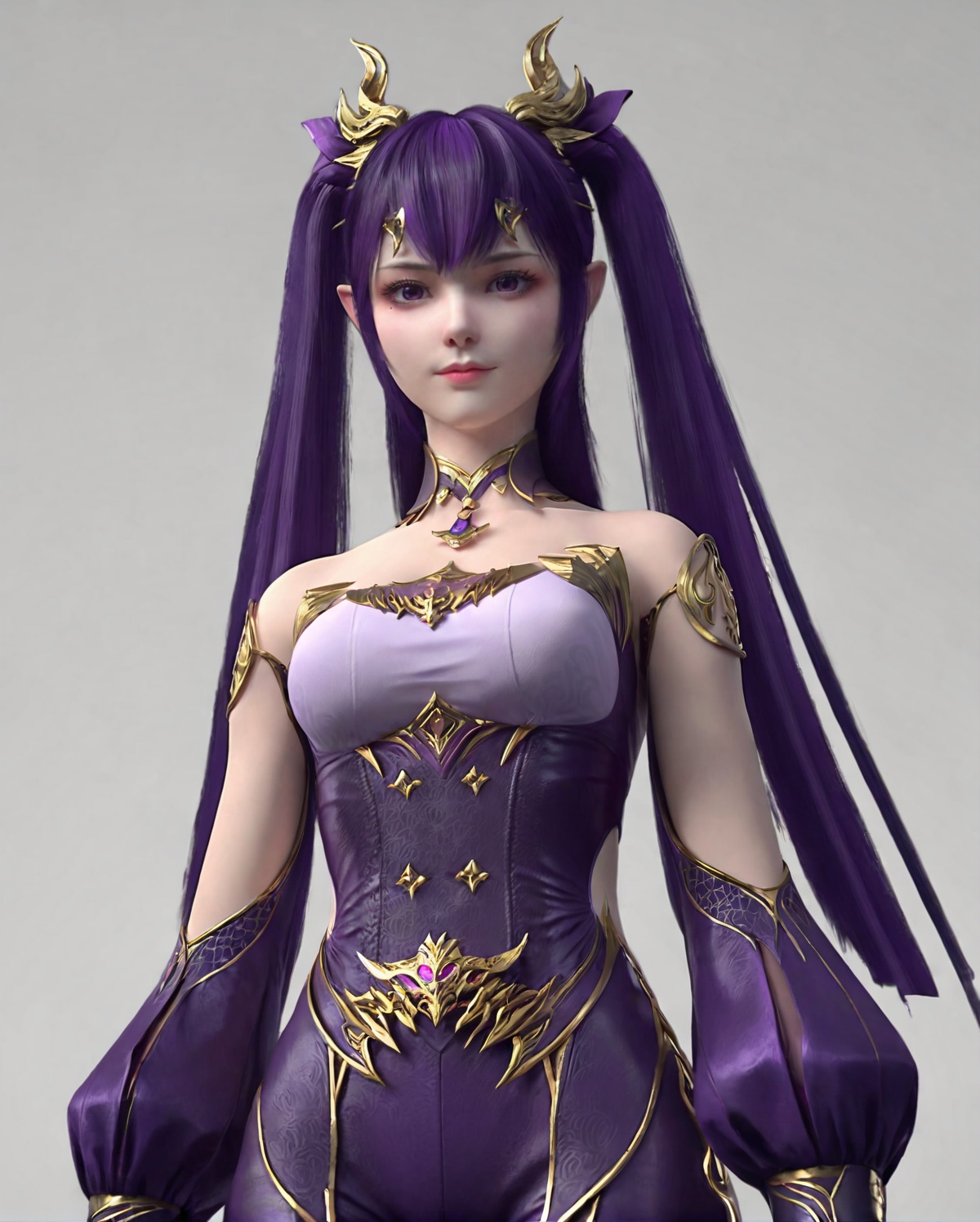 <lora:SF_DaZiYan_Pony_Realism-000004:0.7>,1girl,solo,dress,bangs,purple hair,twintails,leather pants,detached sleeves,hair ornament,standing,looking at viewer,white background,upper_body,