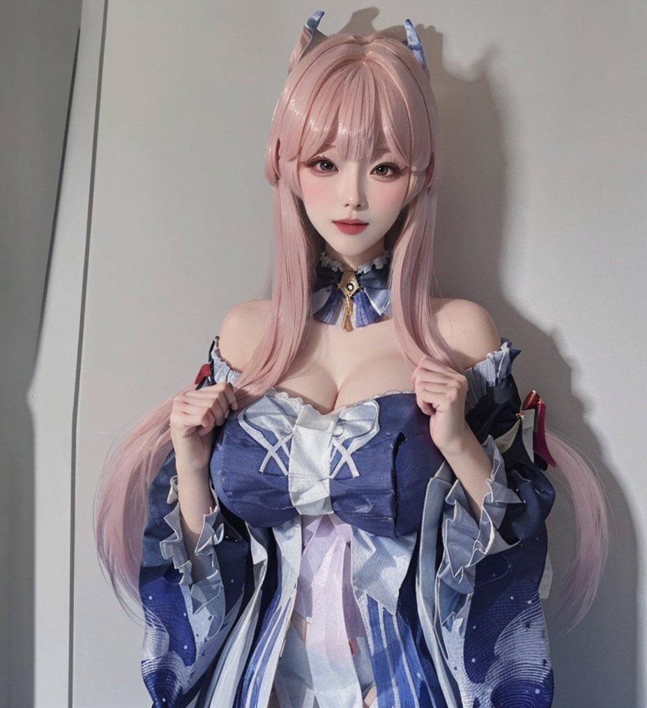 (masterpiece, best quality:1.4),finely detailed,1girl,solo,(pale skin:1.1),perfect body,glossy skin,sangonomiya kokomi,pink hair,thighhighs,(bow-shaped hair),long hair,bangs,wide sleeves,frills,frilled sleeves,white thighhighs,multicolored hair,bare shoulders,vision (genshin impact),<lora:心海-000006:0.8>,<lora:killer完美脸型3-000006:0.8:mb>,(close-up photo),(upper body photo:1.1),(gigantic breasts:1.3),(place your hands outside the frame),
