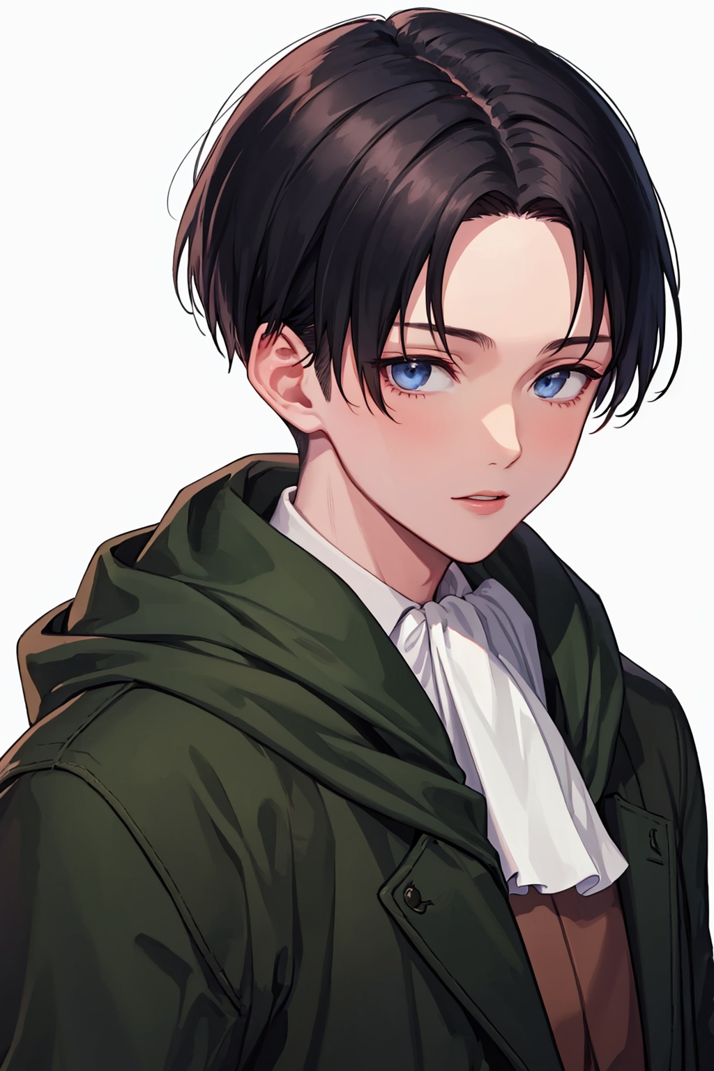 masterpiece,best quality, highly detailed, 1boy,levi (shingeki no kyojin),male focus,solo,ascot,white background,<lora:levi_(shingeki_no_kyojin):1>