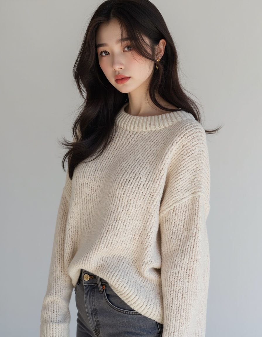 a real picture of a south korea woman,knit sweater,grey_jeans
