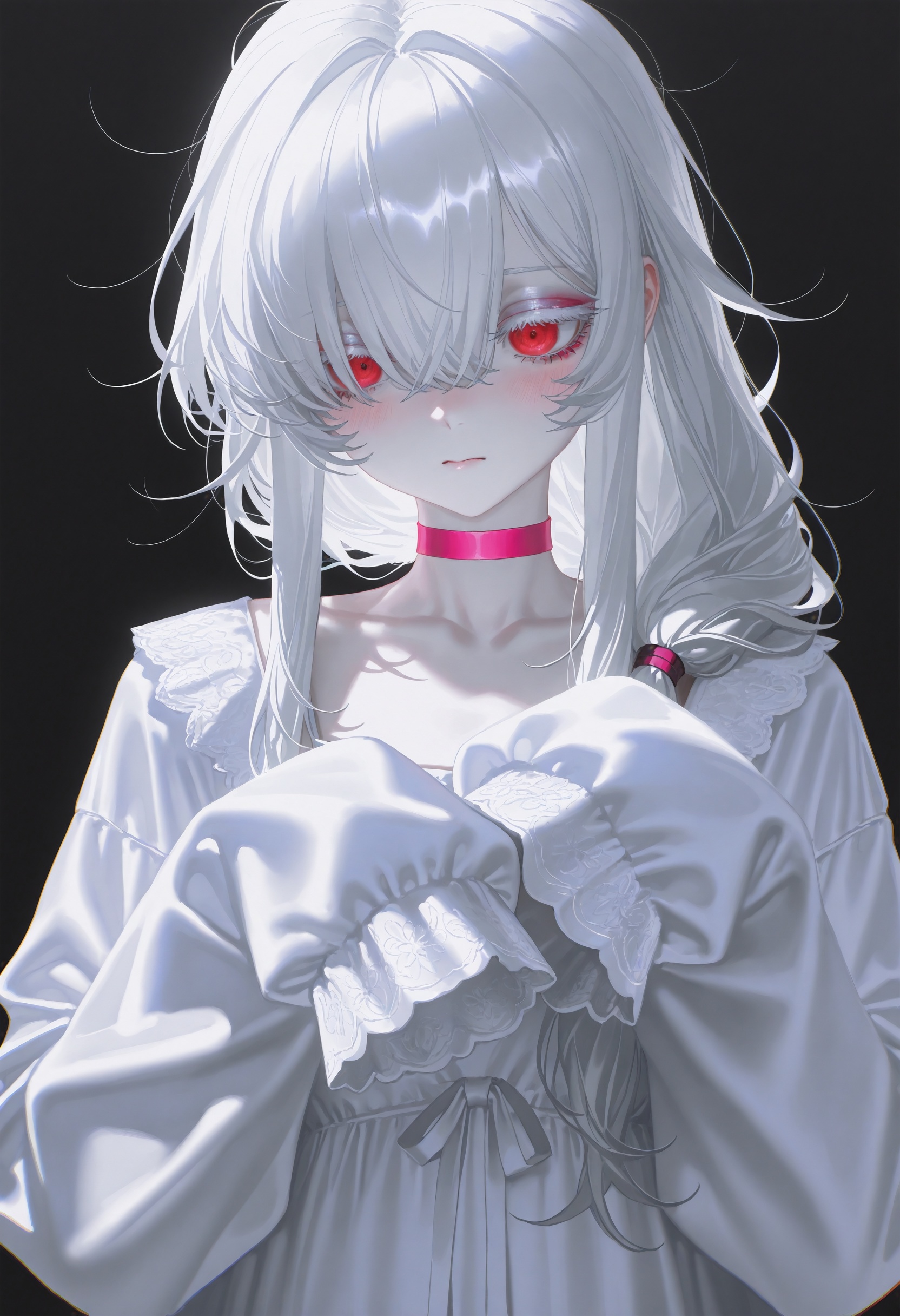 masterpiece,best quality,artist:john_kafka,artist:nixeu,artist:quasarcake,chromatic aberration,film grain,high contrast,color contrast,cold colors,gritty,graphite \\\\(medium\\\\),1girl, upper body, white hair, albino, makeup, blush, eyeshadow, pink choker, colored eyelashes, hair between eyes, hair over eyes, sidelocks, low tied hair, hair over shoulder, long hair, messy hair, long sleeves, pale skin, red eyes, detailed eyes, white sundress, simple background, black background, sleeves past wrists, sleeves past fingers, white theme masterpiece, best quality, amazing quality, very awa, absurdres