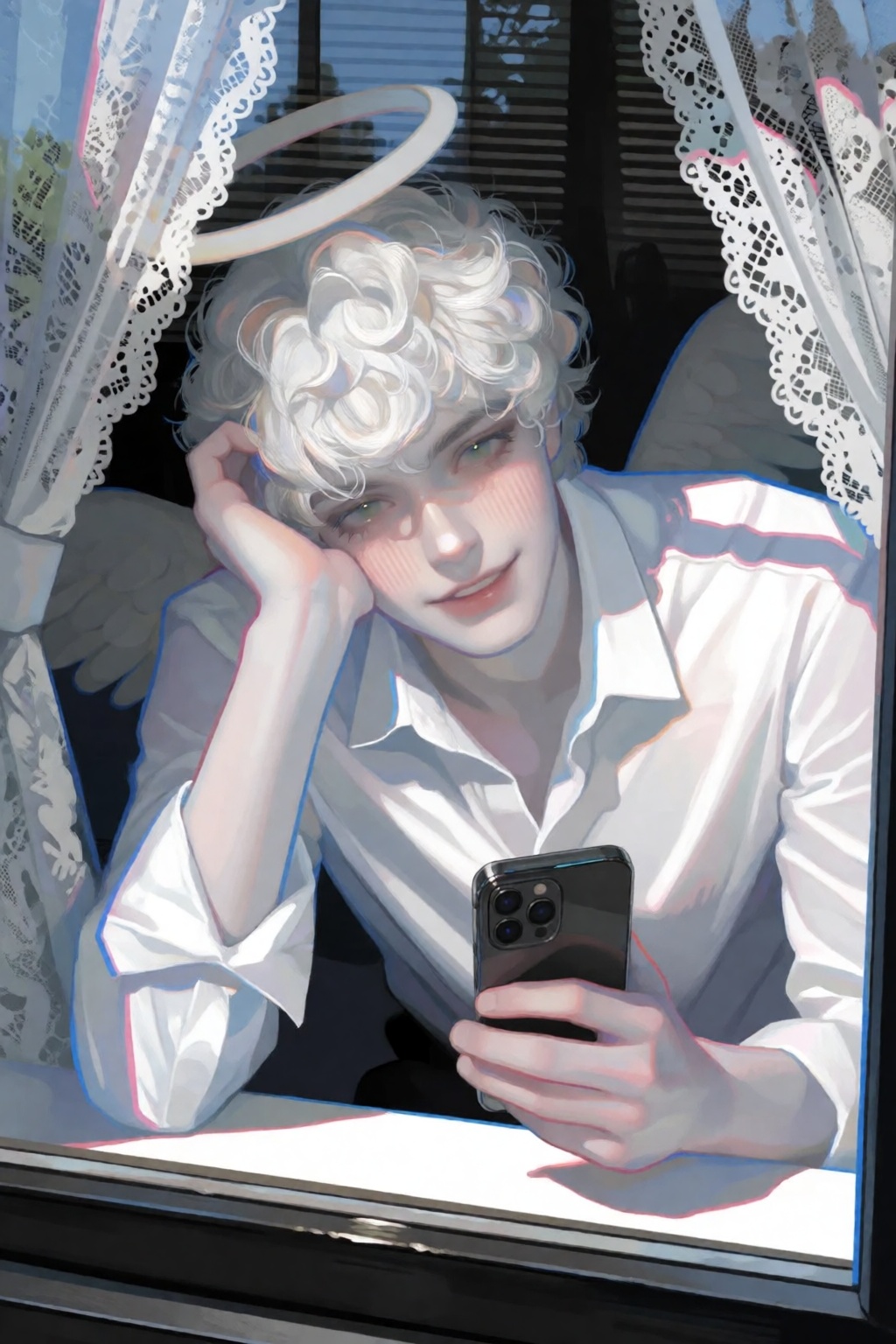 A medium shot framed through a glass window pane depicts a smirking white curly haired man with green eyes in a white butt...
