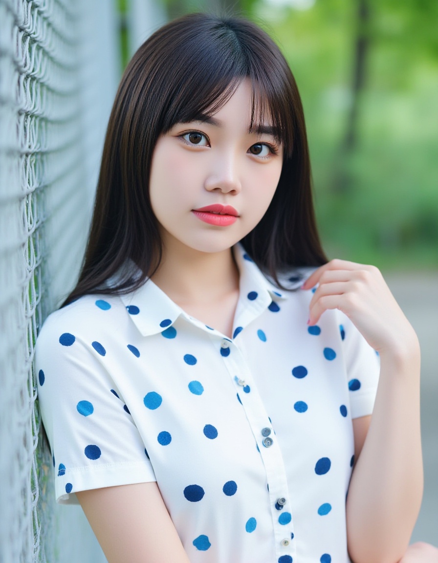 A photograph of a young East Asian woman with straight, long black hair and bangs, wearing a white short-sleeved shirt with blue and dark blue polka dots. She has fair skin, a slim build, and is standing in front of a metal chain-link fence, with greenery visible in the blurred background. Her expression is neutral, and she has a delicate, natural makeup look with red lipstick.