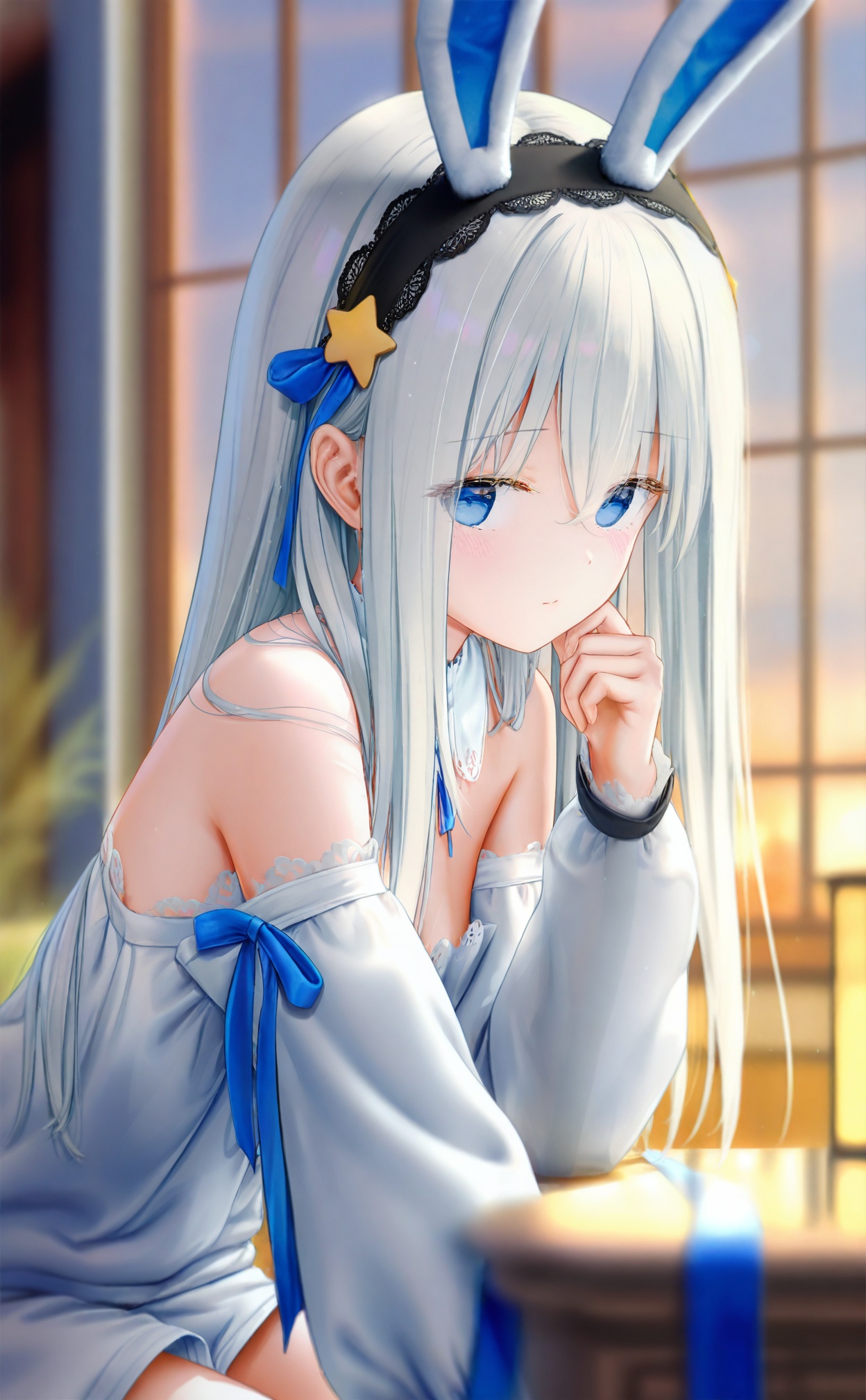 masterpiece,blurry background,loli,light leaks,fair_skin,blurry,depth_of_field,Cinematic Lighting,loli,himitsu_(hi_mi_tsu_2),Artist haneru,Artist:hiten_(hitenkei),artist chen_bin,artist:wanke,(artist:ke-ta:0.6),[Artist:wlop],(Artist agwing86:1.3),(Artist aki99:0.5),(Artist z282g:0.66),loli,1girl,animal ears,solo,rabbit ears,star hair ornament,blue eyes,white hair,detached sleeves,long hair,dress,white dress,looking at viewer,breasts,sitting,hair ornament,closed mouth,cleavage,indoors,window,bare shoulders,fake animal ears,hair between eyes,long sleeves,star (symbol),white sleeves,white shorts,blush,hairband,hand up,shorts,small breasts,puffy long sleeves,blue ribbon,lace-trimmed dress,