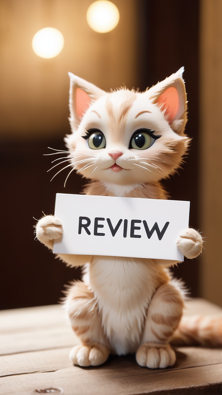 An analog raw photo of an anthropomorphic kitten,  charming and lifelike,  holding a 'Review' sign. Focus on natural allur...
