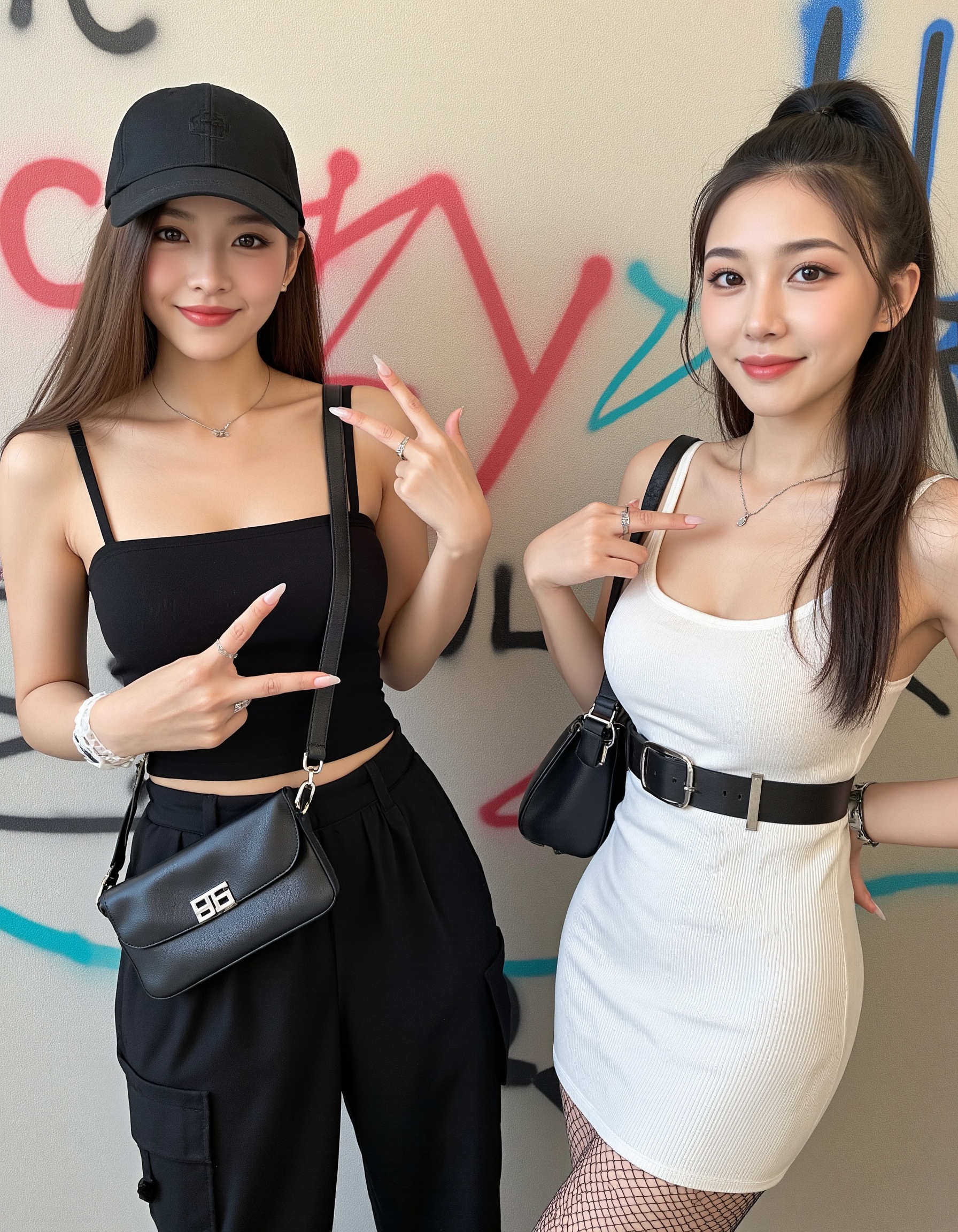 This is a clear photograph with a graffiti style,featuring two women standing in front of a graffiti wall. To be specific,the woman on the left is wearing a black **** top and black pants,with a black baseball cap,brown hair,a white watch,and a black crossbody bag; the woman on the right is wearing a white **** dress with a black belt,fishnet tights,and black hair,with a silver necklace and ring. Both are smiling and posing with their hands in a scissors gesture. The background is a graffiti wall with red,blue,and black graffiti,including letters like "CRAZY".,