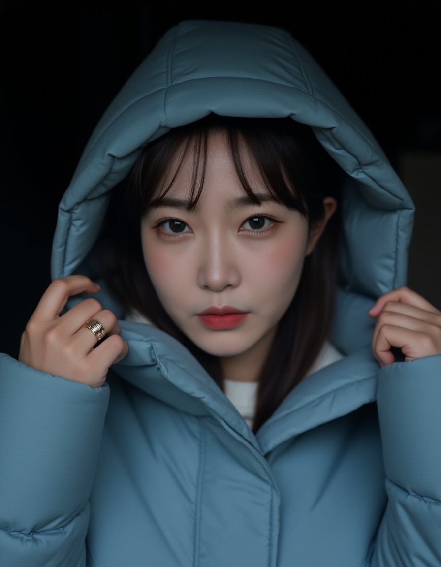 This is a photograph of a young Asian woman with fair skin, dark brown hair, and expressive eyes. She wears a light blue, puffy winter coat with a hood that she holds up with her left hand, revealing a gold ring on her ring finger. The background is dark, emphasizing her face and the texture of the coat. The image captures a sense of mystery and calm.