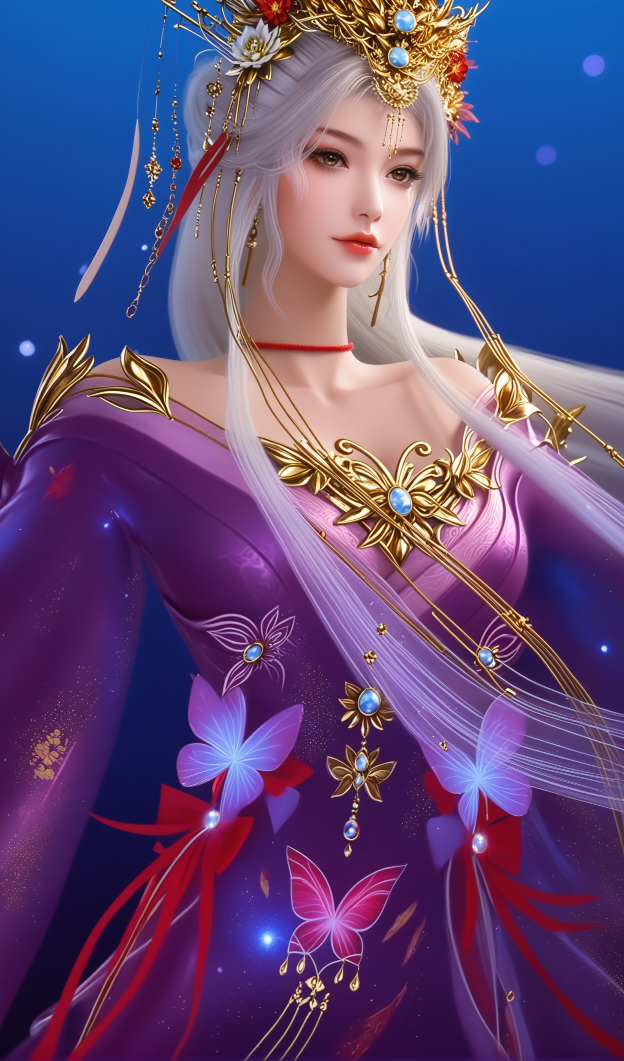 score_9,score_8_up,score_7_up,1girl,solo,realistic,above the thigh,looking at viewer,pale skin,oil,(mature face:1.1),1girl,solo,dress,chinese clothes,long dress,purple dress,detached sleeves,patterned,butterfly print,print dress,pink ribbon,starry sky print,galaxy,constellation print,animal print,bird print,fish print,flower,floral print,white robe,wide sleeves,blue gemstone,shawl,red ribbon,ribbon,yellow flower,red flower,long sleeves,high heels,white flower,realistic,jewelry,tiara,crown,crystal,gold,chain,beads,choker,necklace,hair ornament,hair stick,hair flower,hair ribbon,armor,bead necklace,earrings,glowing butterfly,yellow butterfly,tassel hair ornament,red choker,gem,red gemstone,purple gemstone,pink gemstone,pearl (gemstone),(gold chain:0.2),long hair,white hair,collarbone,pink lips,lipstick,red lips,bare shoulders,blue eyes,yellow eyes,hair bun,grey hair,eyelashes,crescent,brown eyes,bow,closed mouth,butterfly,(northern lights:1.1),cowboy_shot,big breasts,cleavage,<lora:云望舒-醉蝶花:0.85>,