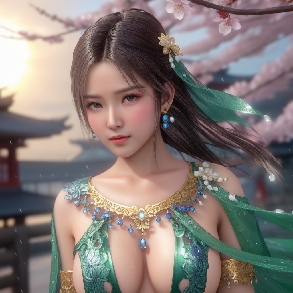 <lora:847-DA-XL-死或生-Elise-BirthdaySuit-20220903:0.8>, (,1girl, ,best quality, ),,  ,,ultra detailed 8k cg, ultra detailed background ,ultra realistic 8k cg,          cinematic lighting, cinematic bloom, (( , )),,  , unreal, science fiction,  luxury, jewelry, diamond, pearl, gem, sapphire, ruby, emerald, intricate detail, delicate pattern, charming, alluring, seductive, erotic, enchanting, hair ornament, necklace, earrings, bracelet, armlet,halo,masterpiece, (( , )),, realistic,science fiction,mole,   ,cherry blossoms,,(((Best quality, masterpiece, ultra high res, (photorealistic:1.4), raw photo, 1girl, ,rain, , sunlight, sunset, qianqiu wanxia,     )))  (cleavage),,  (),