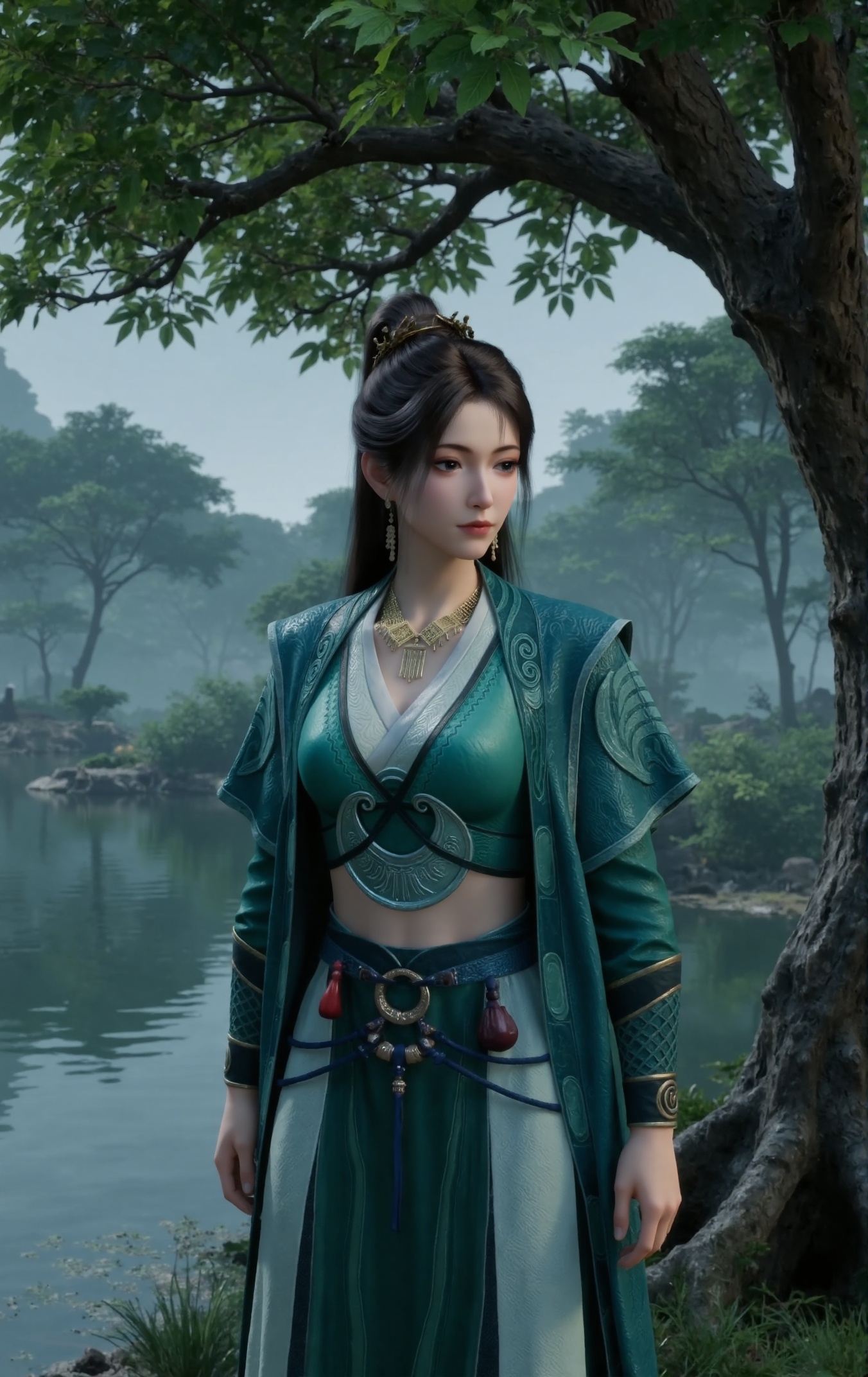 "Photograph capturing Mupeiling in a serene natural scene during gentle rain. Mupeiling wears an elegant traditional Chinese attire in teal with intricate patterns and a white inner layer, along with a small gold crown on her head. She also adorns herself with a gold necklace featuring dangling pendants and matching earrings. Her long dark hair is styled in a high ponytail, emphasizing the detailed jewelry and textures. She stands beneath a large tree with a thick trunk and vibrant green leaves, which provides shelter from the rain. Raindrops fall gracefully around her, creating a soft misty effect on the lush foliage. The ground is covered with calm, reflective water that mirrors the tree and sky above. The background features a simplified, dense forest of trees in varying shades of green, contributing to a peaceful and refreshing mood. The image highlights the tranquility and natural beauty, focusing on Mupeiling's detailed outfit and accessories."