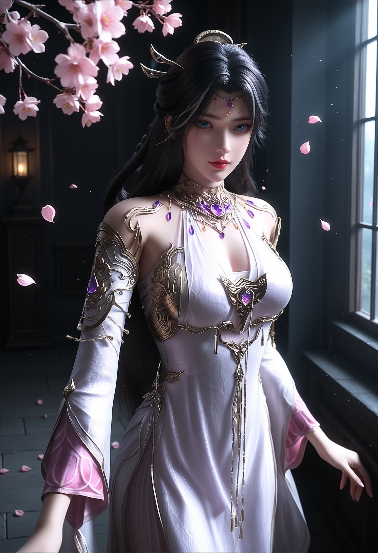 masterpiece,best quality,amazing quality,very aesthetic,high resolution,ultra-detailed,absurdres,scenery,photorealistic,(looking at viewer:1.1),upper body,(Dark room:1.3),(moody lighting:1.1),peach blossom,falling petals,(large breasts:0.8),monvzhenshen,1girl,solo,black hair,long hair,jewelry,dress,white dress,hair ornament,blue eyes,detached sleeves,bare shoulders,gem,realistic,necklace,braid,barefoot BREAK photorealistic details,<lora:QQSillmonvzhenshenV1:0.8>,