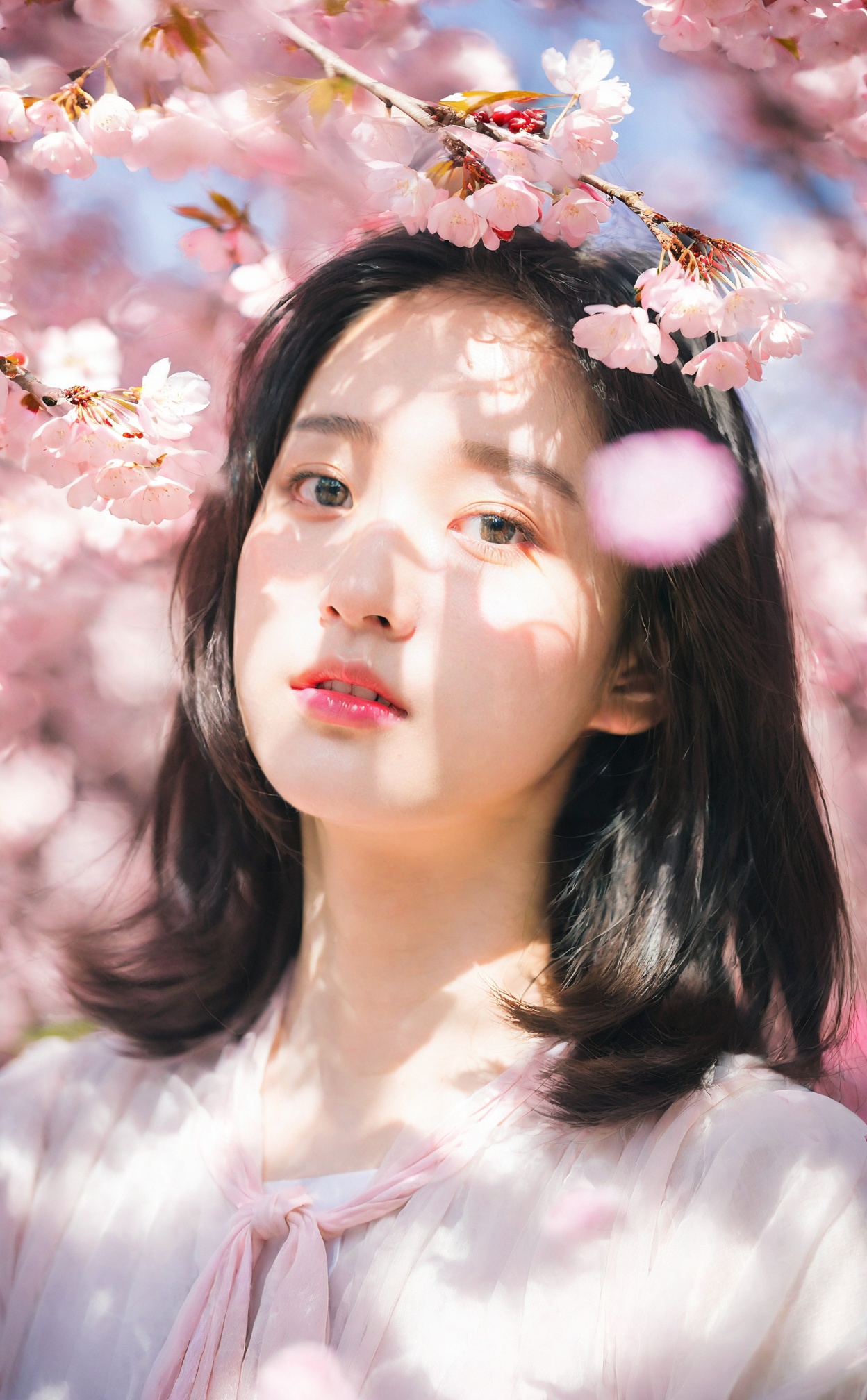 mugglelight, a girl with a dreamy expression, surrounded by floating cherry blossom petals in a soft breeze, springtime magic, gentle radiance.korean girl,black hair,