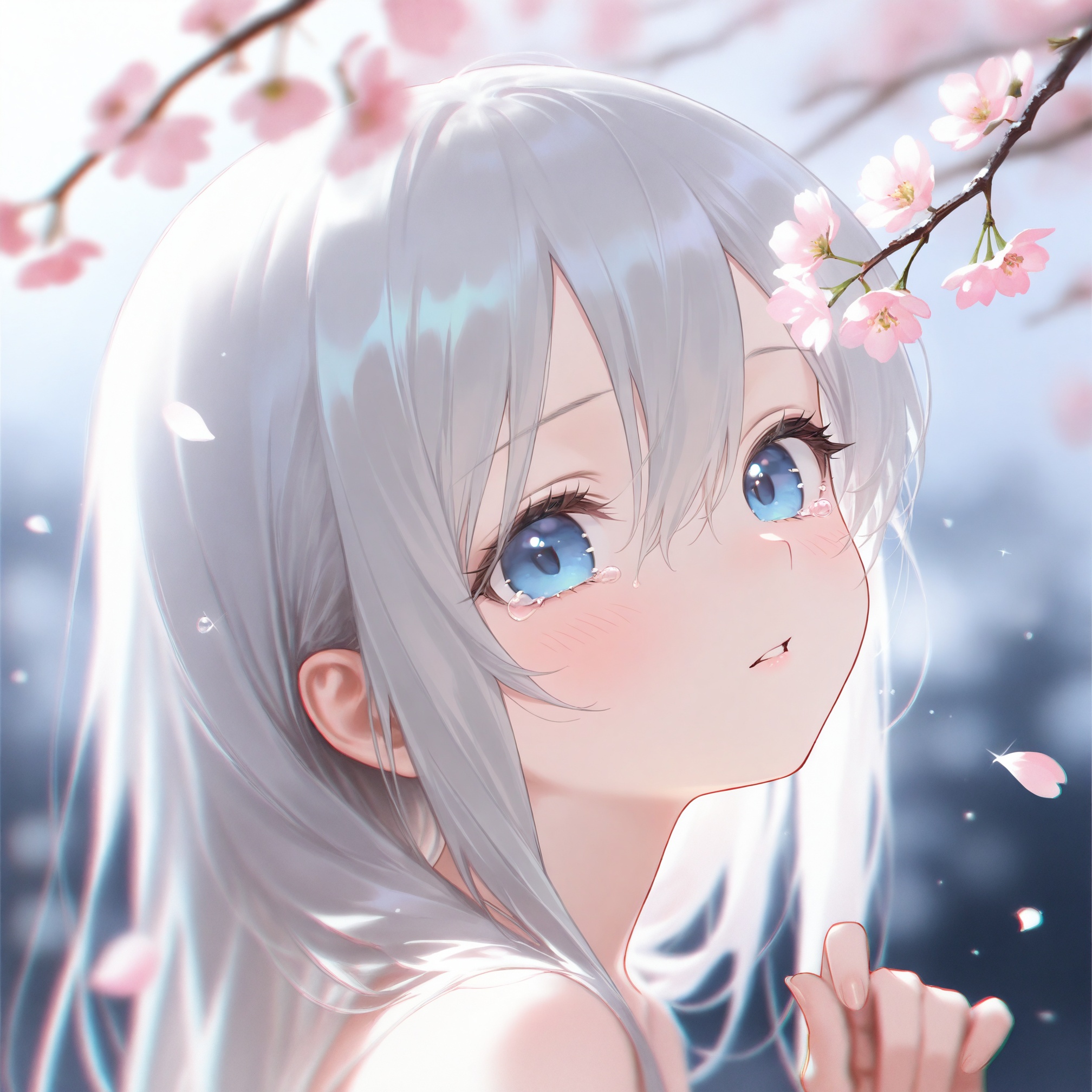 masterpiece,blurry background,loli,loli,light leaks,fair_skin,1girl,solo,blue eyes,petals,cherry blossoms,blurry background,blurry,long hair,flower,close-up,parted lips,hair between eyes,grey hair,blush,falling petals,branch,hand up,portrait,tears,spring \(season\),white flower,depth of field,fingernails,sparkle,white hair,from side,eyelashes,depth_of_field,background light,available light,silver,snow,