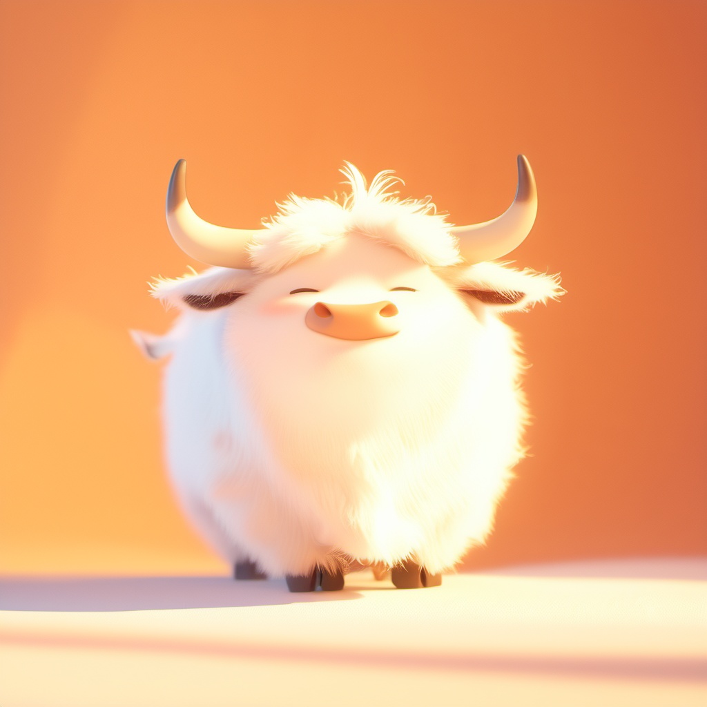 chouniu,cow,soft lighting,^ ^,cc-color-correction,whimsy and dramatic lighting,white fur,warm colors,mf-movie-filter,cute,no humans,solo,closed eyes,fluffy,full body,cow focus,horns,cow tail,standing,orange background,facing viewer,closed mouth,tail,cow horns,simple background,<lora:chouniu_xl_v2:1>,