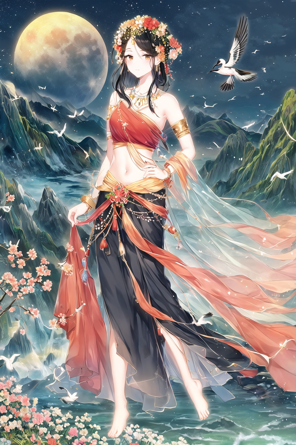 <lora:gilding_v1-000006:0.6>,armlet,barefoot,bird,black hair,flower,hair ornament,midriff,moon,mountain,red-crowned crane,scenery,simple background,solo,
