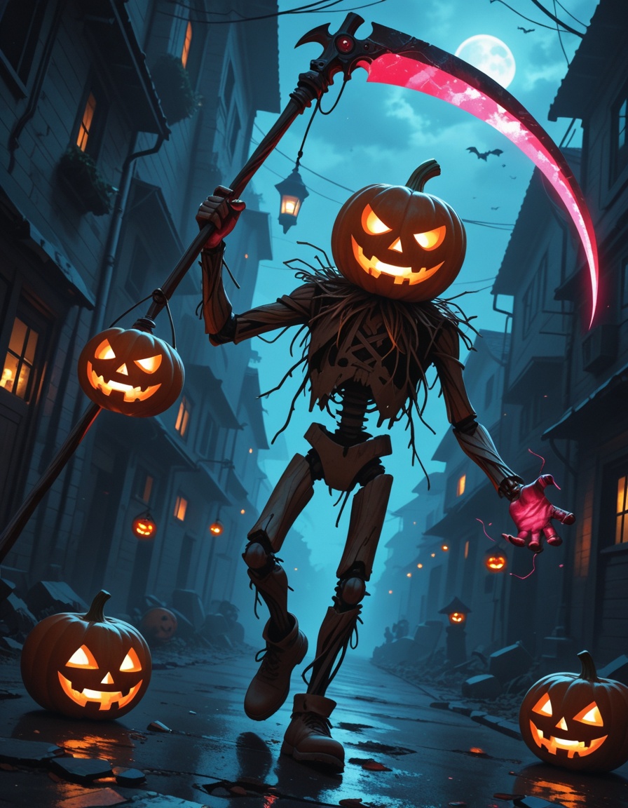 Stylized illustration of a scary straw-made scarecrow with a jack-o'-lantern head seen walking on the street of a misty,...