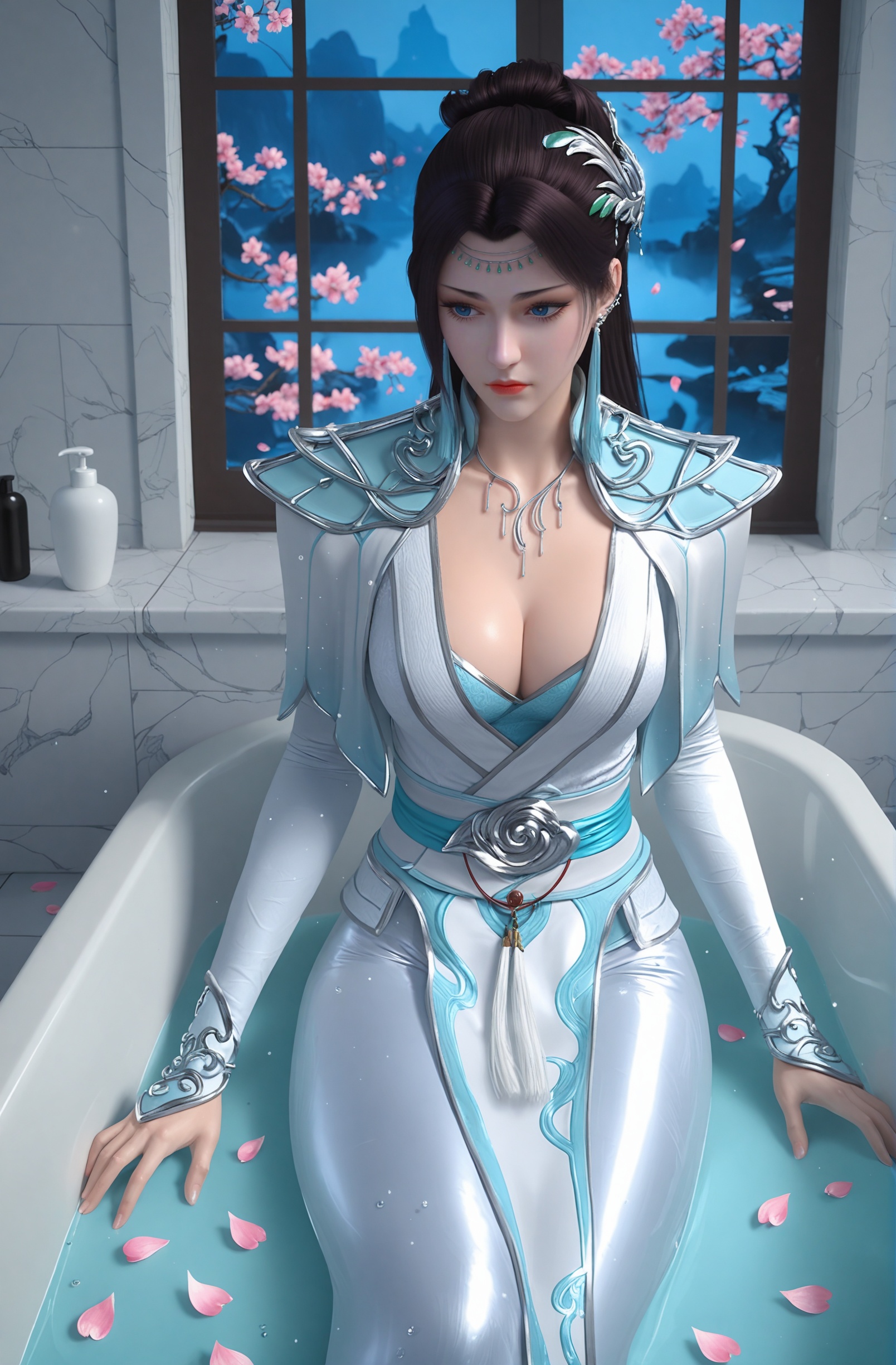 (upper_body:1.1),fantasy,dreamlike,Pastel Colors,hyper realistic,aestheticism,wonderland,peach blossom,falling petals,smog,yunxia,night,sitting,shimmer,(bathtub:1.1),water,(detailed light),((water drops)),((beautiful detailed water)),dynamic angle,(blue light reflection:1.2),(bathroom:1.2),indoors,window,<lora:YQ_li光辉v5_云韵宗主服装_V3:0.8>,solo,1girl,long_hair,black_hair,jewelry,dress,earrings,hair_ornament,closed_mouth,breasts,necklace,blue_eyes,white_dress,expressionless,long_sleeves,realistic,sash,hair_bun,blue_dress,cleavage,medium_breasts,eyelashes,lips,makeup,long_dress,ponytail,armor,dark-skinned_female,brown_hair,red_lips,black_footwear,(fair_skin,white_skin,shiny_skin,pale skin,Ivory_skin:0.9),massive breasts,
