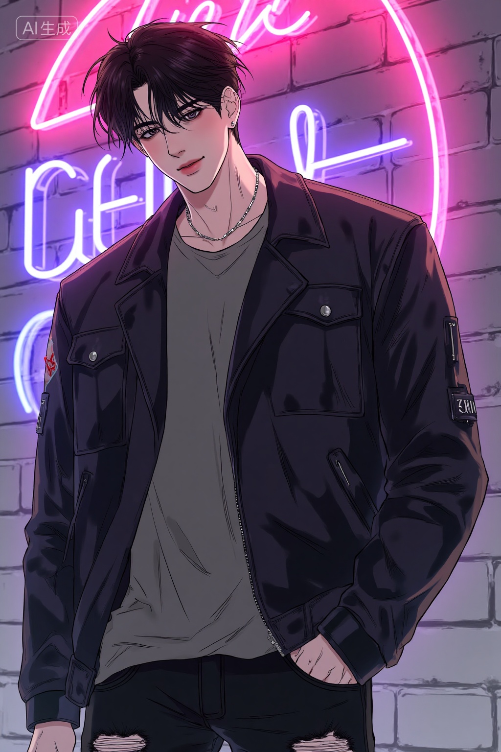 masterpiece,best quality,high detail,Realistic anime style,, a drawing of a handsome young man,, in a black leather jacket and ripped black jeans,wearing a thin silver choker,stands under a neon sign with a slight smile,, Negative prompt: ng_deepnegative_v1_75t,(badhandv4:1.2),EasyNegative,(worst quality:2),,nsfw, Steps: 30, Sampler: Euler, CFG scale: 3.5, Seed: 4039247212, Size: 1024x1536, Model hash: 8cba4f1ef4, Model: F.1基础算法模型-哩布在线可运行_F.1-dev-fp8.safetensors, Denoising strength: 0, RNG: CPU, Lora 1: 20251118, Lora Hash 1: 9783be0a3a, Lora Weight 1: 1.0, vae_name: automatic
