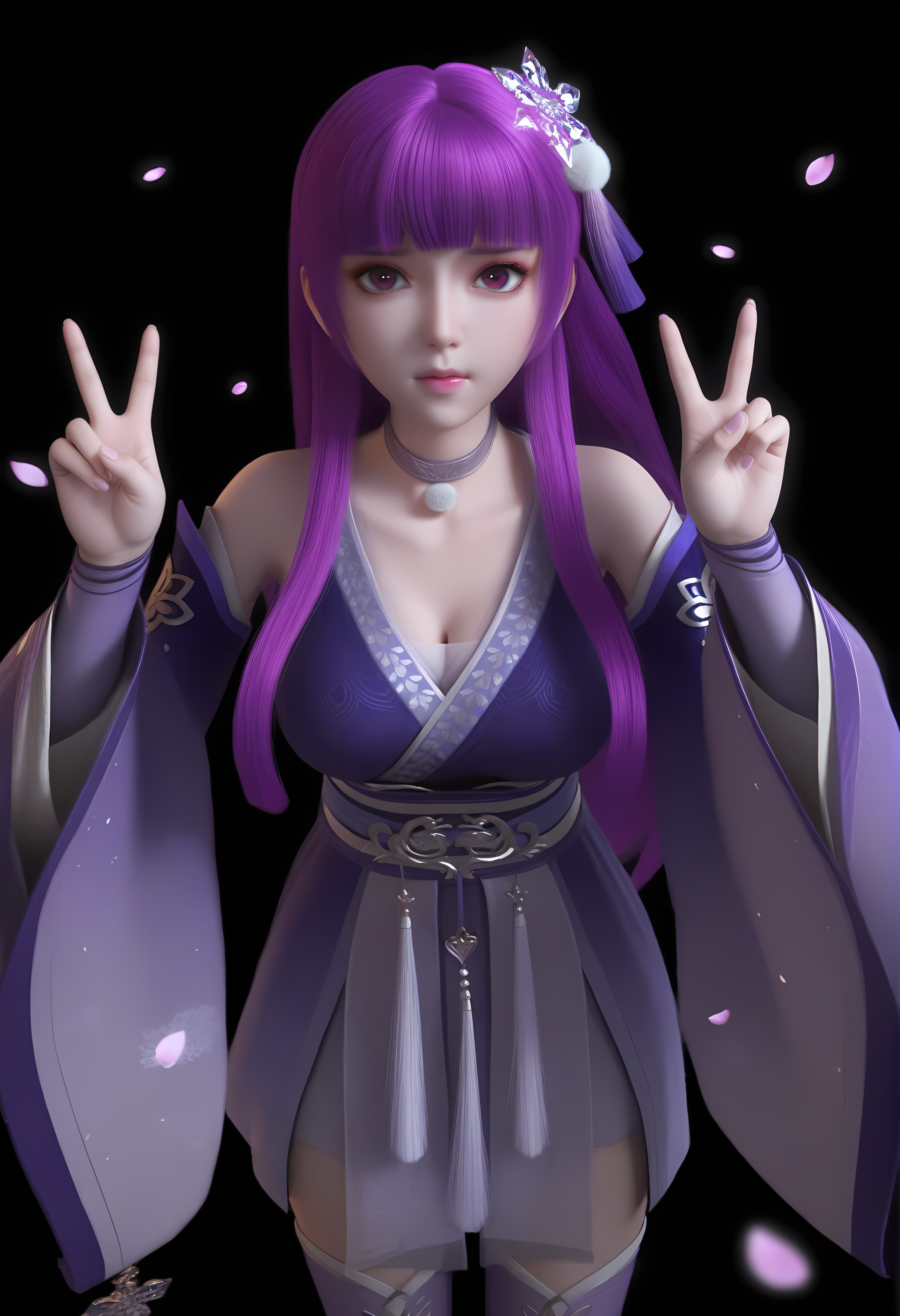(score_9),vivid colours,Expressiveh,ambient occlusion,((Subsurface Scattering)),light blush,<lora:叶紫云-Apony-000009:0.83>,yeziyun,1girl,solo,long hair,purple hair,blunt bangs,hair ornament,choker,snowflake hair ornament,hanfu,detached sleeves,belt,wide sleeves,sash tassel,sleeve tassel,thighhighs,skirt,looking at viewer,front view,<lora:perfect-eyes:0.8>,long eyelashes,purple eyes,collarbone,puffy breasts,pointy_breasts,large breasts,see-through cleavage,<lora:a修手:0.3>,standing,double v,<lora:SkinRealityOrg_ponyv6_loraplus:0.25>,real skin,OverallDetail,fair_skin,(white_skin),(Ivory_skin),branch,twig,falling petals,stone,simple background,black background,rim light,Volumetric Lighting,Tyndall effect,depth of field,bokeh,<lora:e色温:0.5>,<lora:Expressive_H:0.8>,<lora:e肤色滑块:0.5>,
