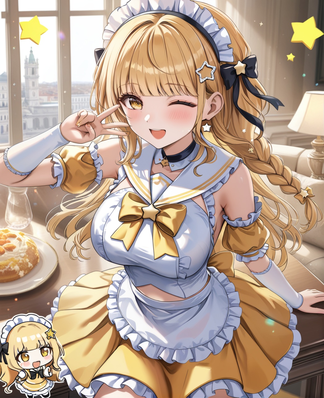 0,jw,Torino,Noyu,1girl, blonde hair, yellow eyes, one eye closed, braid, v, chibi, yellow skirt, hair ornament, food, smile, open mouth, looking at viewer, blush, bow, maid headdress, sailor collar, skirt, detached sleeves, bangs, hair bow, star (symbol), breasts, frills,(UHD),anatomically correct,accurate,textured skin,super detail,high details,award-winning,best quality,high quality,retina,16k,HD,1080P,8k,