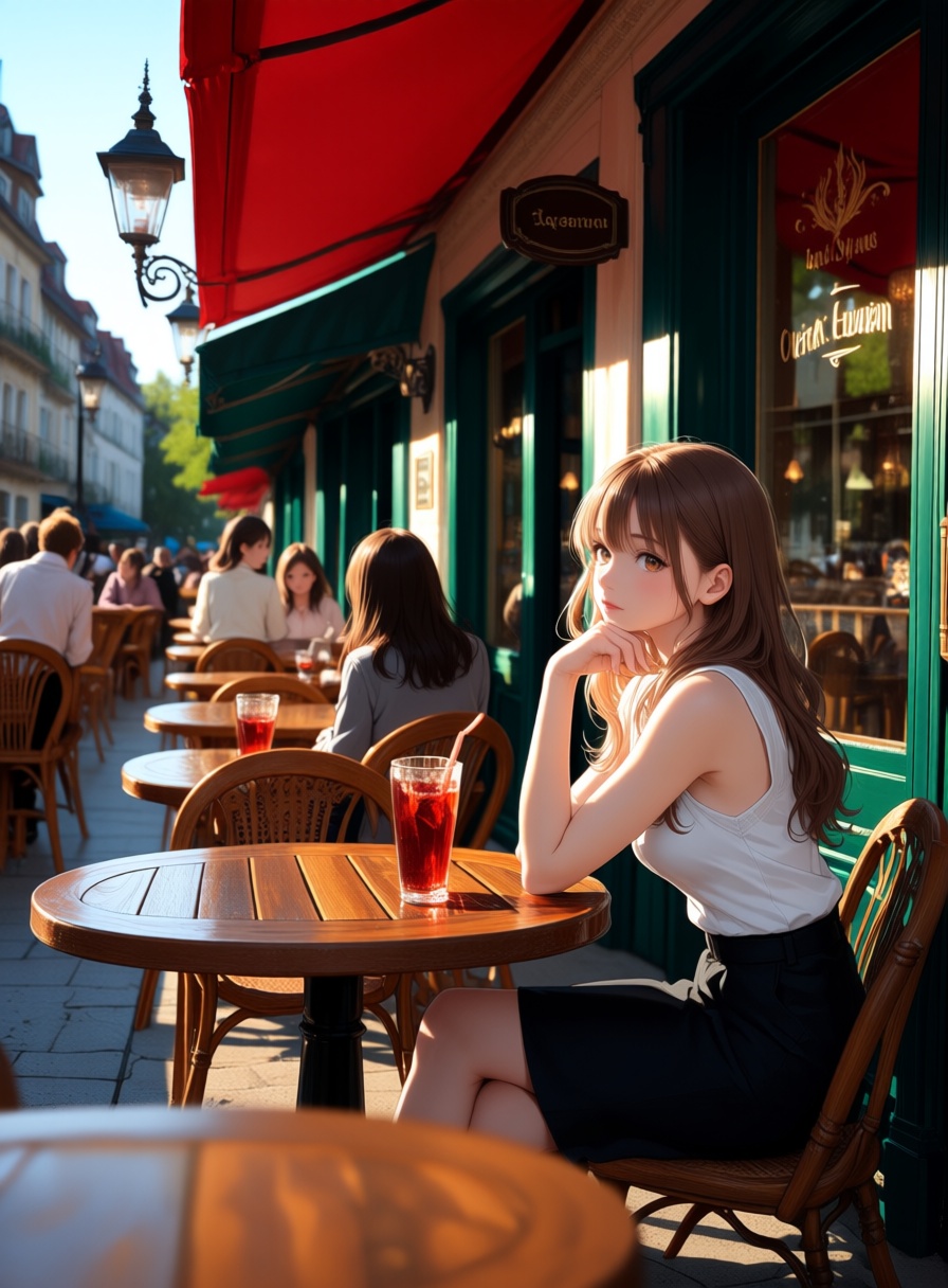 anime woman sitting at a real European café terrace,  elegant anime character design,  realistic wooden tables on Tensor.Art