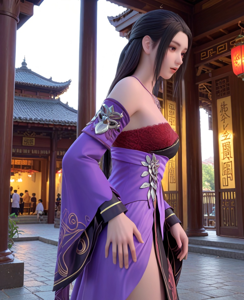 (oriental architecture, elegant decor, sophisticated style:1.1),(hands on ass:1.1),(breasts:1.2),<lora:XL雪鹰领主孔悠月:0.95>,miss kongyouyue,purple paired with black strapless dress,black hair,long hair,jewelry,detached sleeves,purple eyes,double cuffs,red bra,sash,eyelashes,, score_9,score_8_up,score_7_up,score_6_up,score_5_up,score_4_up,3d rendering,tag1,tag2, Cinematic Lighting,backlighting,