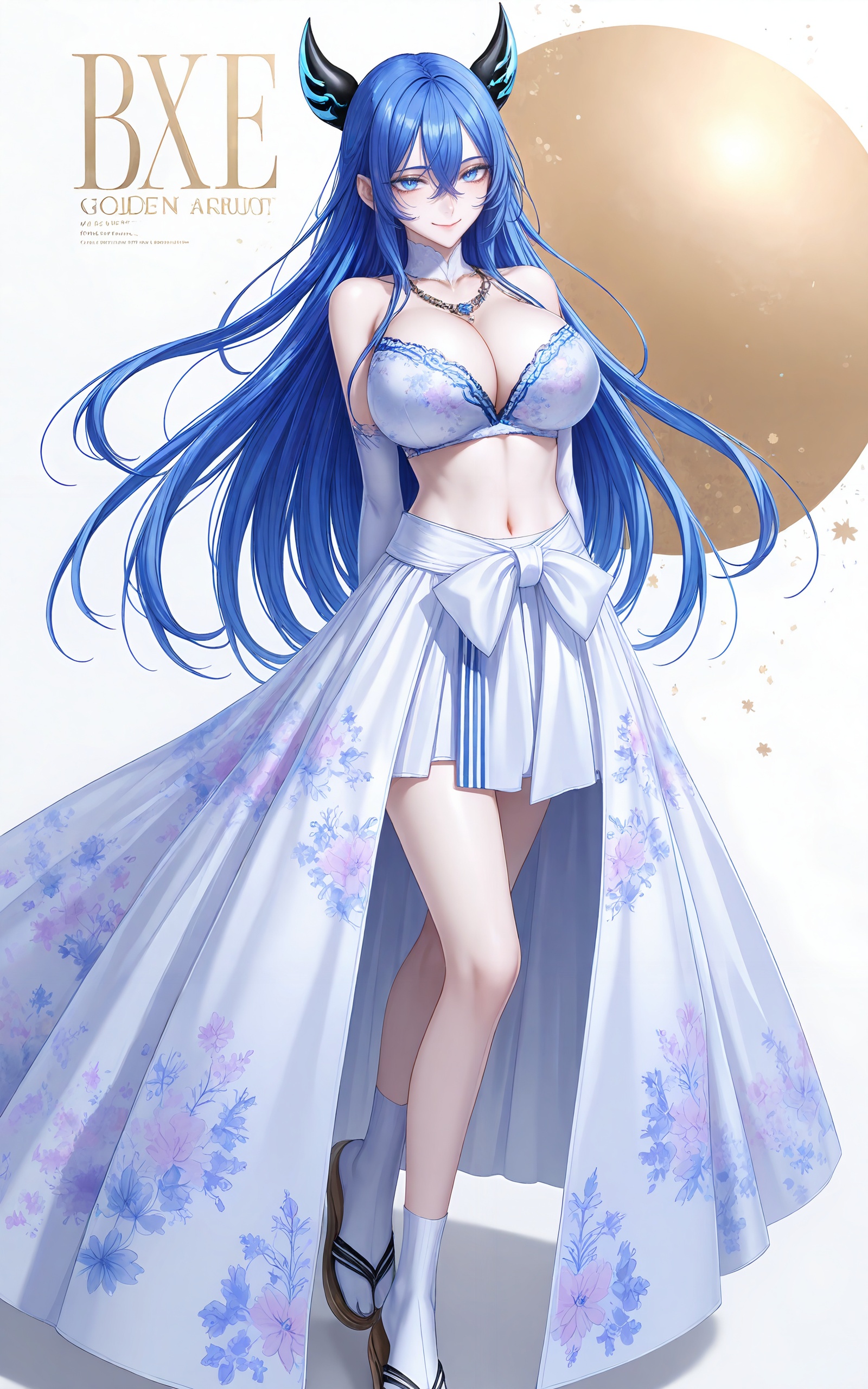 <lora:雪女ill0.047:0.7>,xuenv,1girl,breasts,blue hair,long hair,solo,sandals,horns,cleavage,sitting,looking at viewer,full body,navel,skirt,blue eyes,socks,huge breasts,very long hair,bra,legs,smile,see-through,arm support,bare shoulders,white socks,crossed legs,floral print,underwear,toes,large breasts,close-up details,outstanding style,adding a touch of dimension to your images without compromising details,whirls of vapor,iridescent textures,(Anime:1.1),ethereal ambiance,delicate details,magical high-concept,32K UHD,sharp focus,best-quality,masterpiece,golden hour,unconventional supreme masterpiece,masterful details,temperate atmosphere,with a high-end texture,in the style of fashion photography,photography,cover,dynamic angle,dynamic posture,(artist:quasarcake:0.8),extreme aesthetic,(wlop:0.6),(honjou raita, lack, rella:0.5, wanke),masterpiece,best quality,good quality,very aesthetic,absurdres,visual impact,a shot with tension,ultra-high resolution,32K UHD,sharp focus,best-quality,masterpiece,emotionalization,unconventional supreme masterpiece,masterful details,temperate atmosphere,with a high-end texture,in the style of fashion photography,(visual impact:1.2),giving the poster a dynamic and visually striking appearance,impactful picture,official art,colorful,splash of color,movie perspective,masterpiece,best quality,amazing quality,very aesthetic,absurdres,best quality,newest,