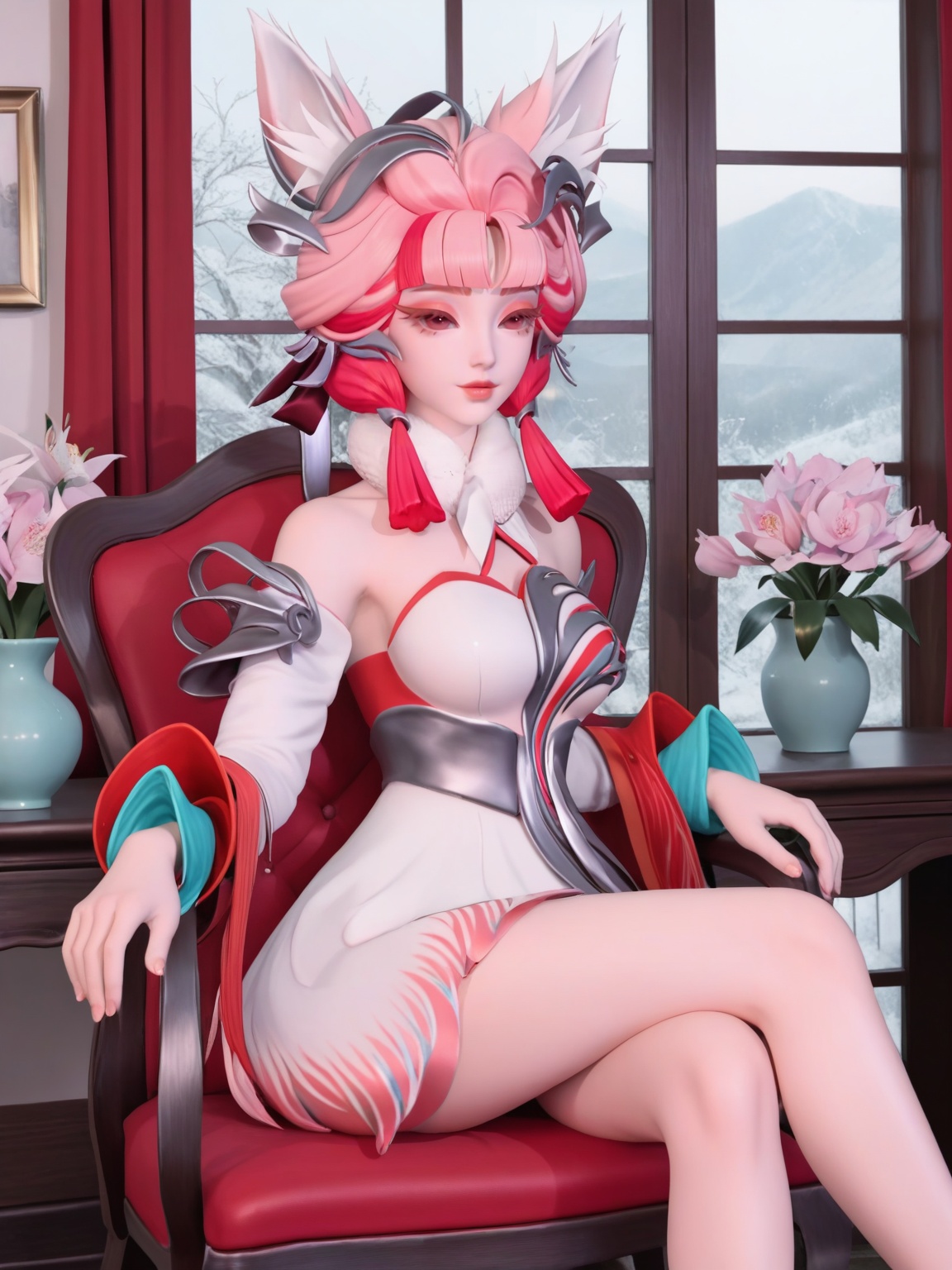 score_9,<lora:SF_DaJi_QQH_Pony_Realism2.3-000004:0.75>,1girl,SFDaJie,breasts,looking at viewer,dress,hair ornament,pink hair,multicolored hair,bare shoulders,lipstick,makeup,eyelashes,eyeshadow,fox ears,fur collar,skirt, hair ribbon,long sleeves,solo,cross legs,pink eyes,full shot,cowboy shot,sitting,ribbon,tassel,chair,window,indoors,flower flower pot,