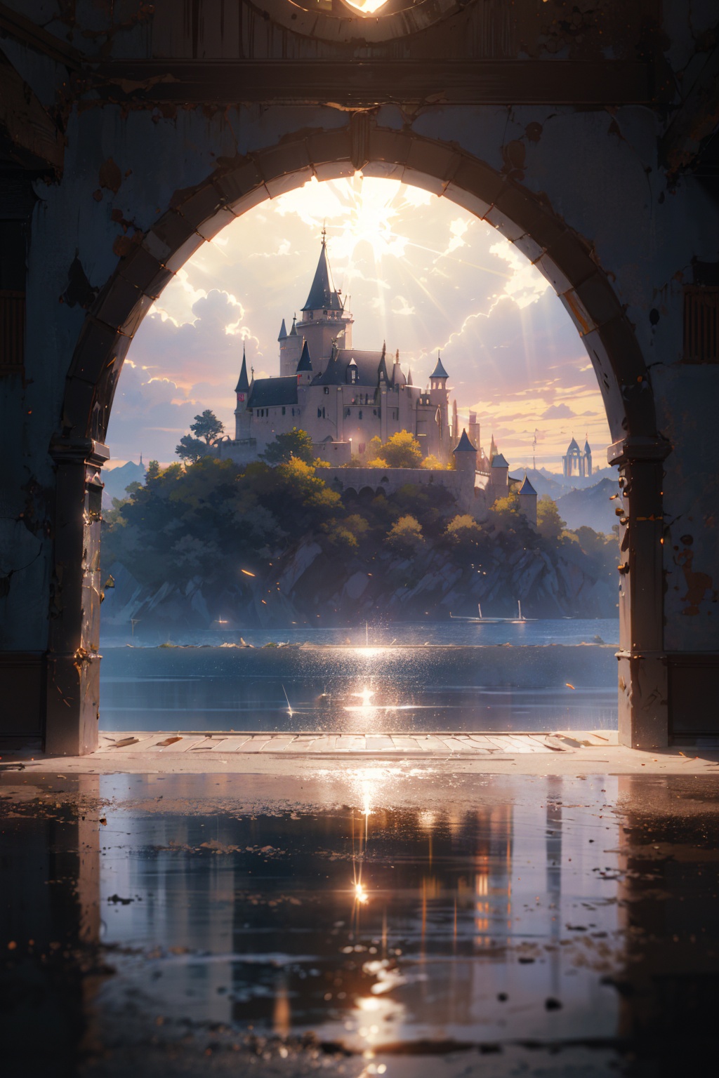masterpiece,best quality,HD Resolution,(ray tracing,cinematic lighting),photography,Castle,Architecture,sea,sunburst,lighting,Clarity,Realism,Landscape Wallpaper,