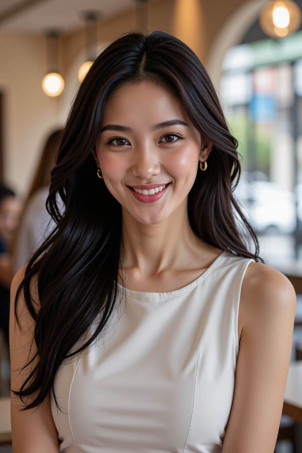 This is a  beautiful photograph of a woman, black hair cascading over her shoulders. She is wearing a boatneck dress, Standing in a cafe. Looking at the viewer. Smile.