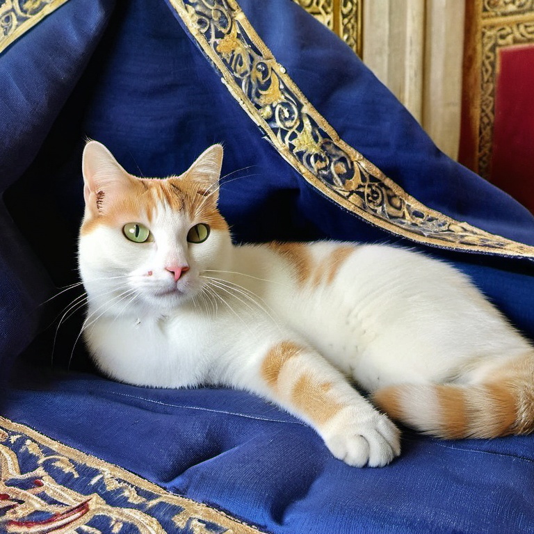 During the golden age of the Ottoman Empire,  my cat,  draped in luxurious textiles on Tensor.Art