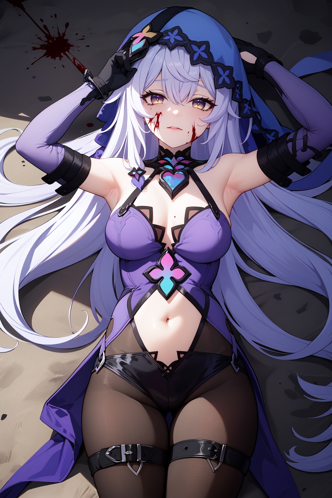 <lora:黑天鹅:1:lbw=char>,heitiane,long hair,gloves,bangs,breasts,bare shoulders,elbow gloves,veil,purple hair,purple dress,purple eyes,hair between eyes,black gloves,yellow eyes,pantyhose,very long hair,yellow eyes,lying on the ground,(blood,blood on face:1.2),torn clothes,torn legwear,crying,scared,ruins,light particles,sparkler,corpse,bandages,bandaged leg,navel,blood,bandaged arm,on back,injury,cleft of venus,stomach,arms behind head,a blade in the abdomen,<lora:genshinImpactModel_v10:0.3:lbw=MIDD>,, 1girl,,  (masterpiece,best quality:1.2),absurdres