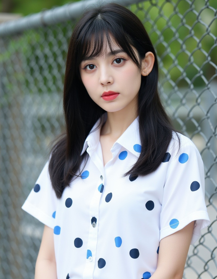 A photograph of a young East Asian woman with straight, long black hair and bangs, wearing a white short-sleeved shirt with blue and dark blue polka dots. She has fair skin, a slim build, and is standing in front of a metal chain-link fence, with greenery visible in the blurred background. Her expression is neutral, and she has a delicate, natural makeup look with red lipstick.