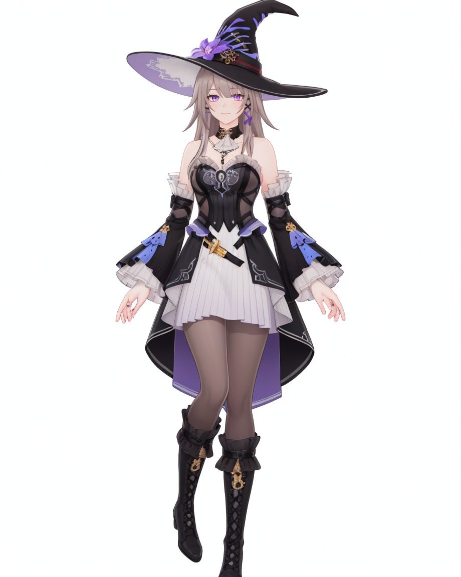 8k,best quality,masterpiece,(ultra-detailed),(high detailed skin),(by nanoless, by misumi \(macaroni\),:0.5),A full-body portrait of a young girl,standing gracefully,pastel art style,high-key lighting,shoujo manga influence,hd quality,delicate details,full body,full shot,standing,looking at viewer,(solo:1.2),simple background,white background,<lora:herta-sd-Tanger-000019:0.8>,The herta \(honkai: star rail\),daherta,clothes:daheta purple witch dress,witch hat,teengirl,1girl ,long hair,boots,detached sleeves,purple eyes, grey pantyhose,black footwear, earrings,jewelry,