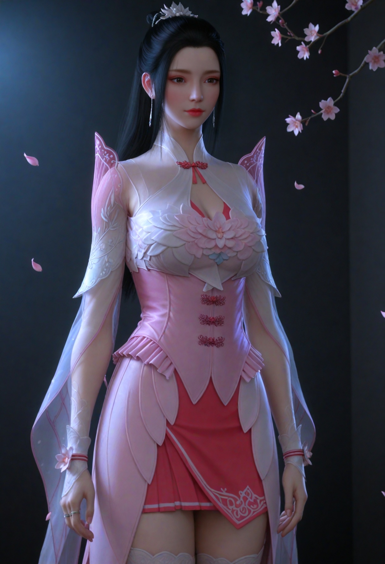 (cowboy shot:1.2),(gigantic breasts:0.6),(slender:1.3),(looking_at_viewer:1.1),(masterpiece:1.1),(best quality:1.2),(intricate details),dim lighting,(smog:1.3),(Dark room:1.3),(dim lighting:1.3),peach blossom,falling petals,<lora:YQ_li光辉v5_薰儿粉衣_V1:0.8>,1girl,q1528437228,solo,black_hair,long_hair,dress,hair_ornament,pink_dress,ponytail,jewelry,hair_bun,earrings,see-through_sleeves,see-through,single_hair_bun,long_sleeves,skirt,brown_eyes,corset,flower,ring,white_dress,realistic,thighhighs,cleavage_cutout,masterpiece,(best quality),(intricate details:0.9) BREAK masterpiece,(best quality),(intricate details:0.9),(realistic skin:1.2),