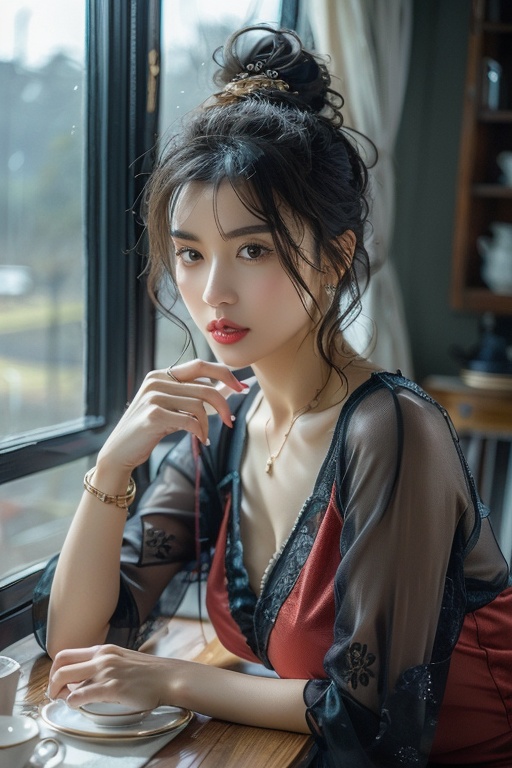 1girl,solo,breasts,looking at viewer,black hair,hair ornament,dress,holding,cleavage,jewelry,medium breasts,upper body,earrings,parted lips,detached sleeves,indoors,necklace,hair bun,bracelet,cup,lips,window,chinese clothes,red dress,table,single hair bun,ring,plate,teacup,realistic,red lips,teapot,tea,saucer,lattice,pov across table