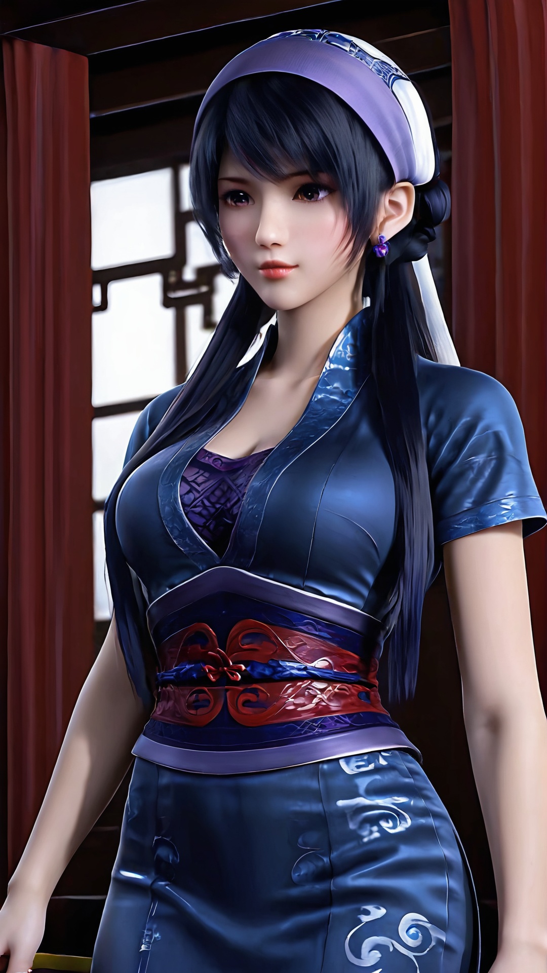 The image shows a young woman dressed in traditional Chinese clothing. She is standing in a room with red walls and gold accents. The woman is wearing a purple and blue dress with a large red bow on the waist. She has long black hair styled in loose waves and is holding a sword in her right hand. On her head,there is a large silver headpiece with intricate designs and patterns. The overall style of the outfit is elegant and regal.,<lora:pony端木蓉:0.8>,