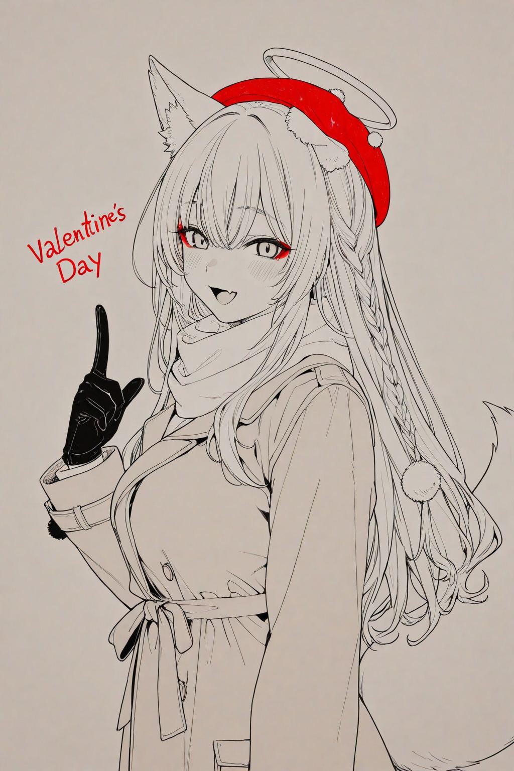 masterpiece, high detail, best quality, long_hair, monochrome, cue!, pom_pom_\(clothes\), beret, lips, blue_eyes, yomine_miharu, short_hair, earrings, bow, fox_girl, fox_tail, scarf, sidelocks, animal_ear_fluff, closed_mouth, two-tone_scarf, index_finger_raised, hair_between_eyes, coat, upper_body, yellow_scarf, bangs, white_background, large_breasts, spot_color, long_sleeves, black_gloves, halo, smile, greyscale, braid, breasts, pointing, brown_hair, skin_fang, blush, fox_ears, solo, makeup, red_eyeshadow, open_mouth, looking_at_viewer, eyeshadow, from_side, english_text, animal_ears, hat, jewelry, 1girl, red_hat, hair_ornament, shop, tail, shirako_miso, lineart, pom_pom_hair_ornament, gloves, brown_coat, valentine, official_art, fang, simple_background