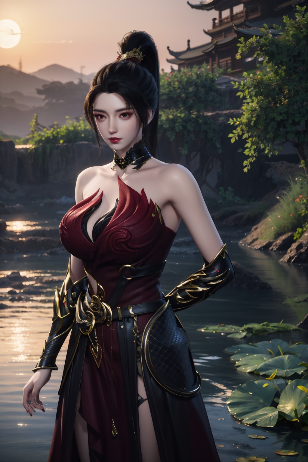 standing,dress,chinese clothes,flower,full_moon,moon,night,lily_pad,lotus,moonlight,nipples,water,night_sky,lily_\(flower\),sky,partially_submerged,1girl,solo,hair ornament,realistic,nail polish,photo_\(medium\),(big breasts, cleavage),makeup,(8k, RAW photo, best quality, masterpiece:1.2),(realistic, photorealistic:1.3),ultra-detailed,extremely detailed cg 8k wallpaper,(crystalstexture skin:1.2),extremely delicate and beautiful,(sexy pose:1.2),chinese dress,