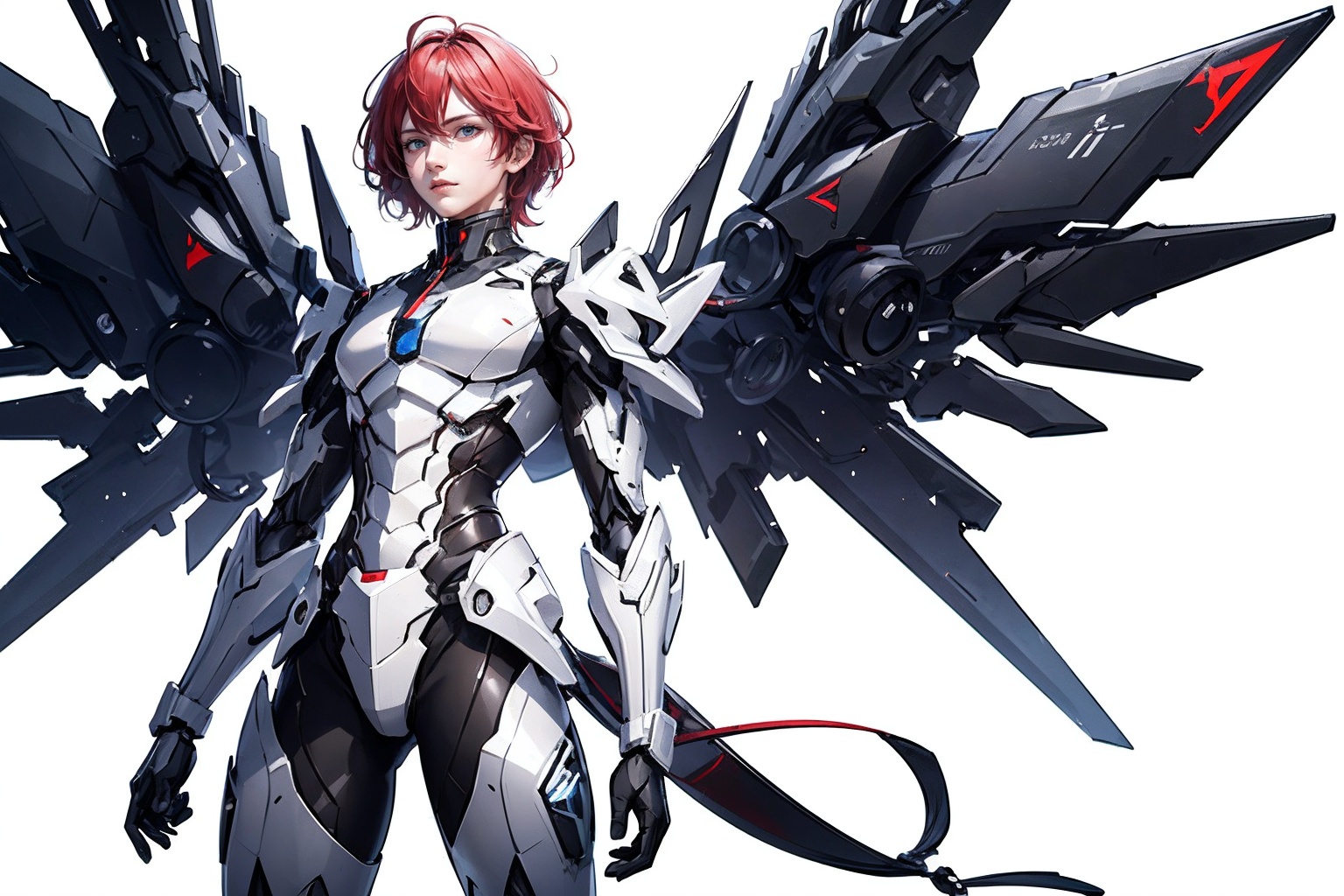 1boy,concept artwork,red hair,(a lonely solo boy:1.4),sky,wing,sitting on the ground,wings with fans,graphics card fan,strong male mecha warrior,mighty and domineering,cool mecha,32k,blue and white color scheme,white armor,<lora:atai_20240121203524-000008:0.7>,white_background,standing,cowboy_shot,