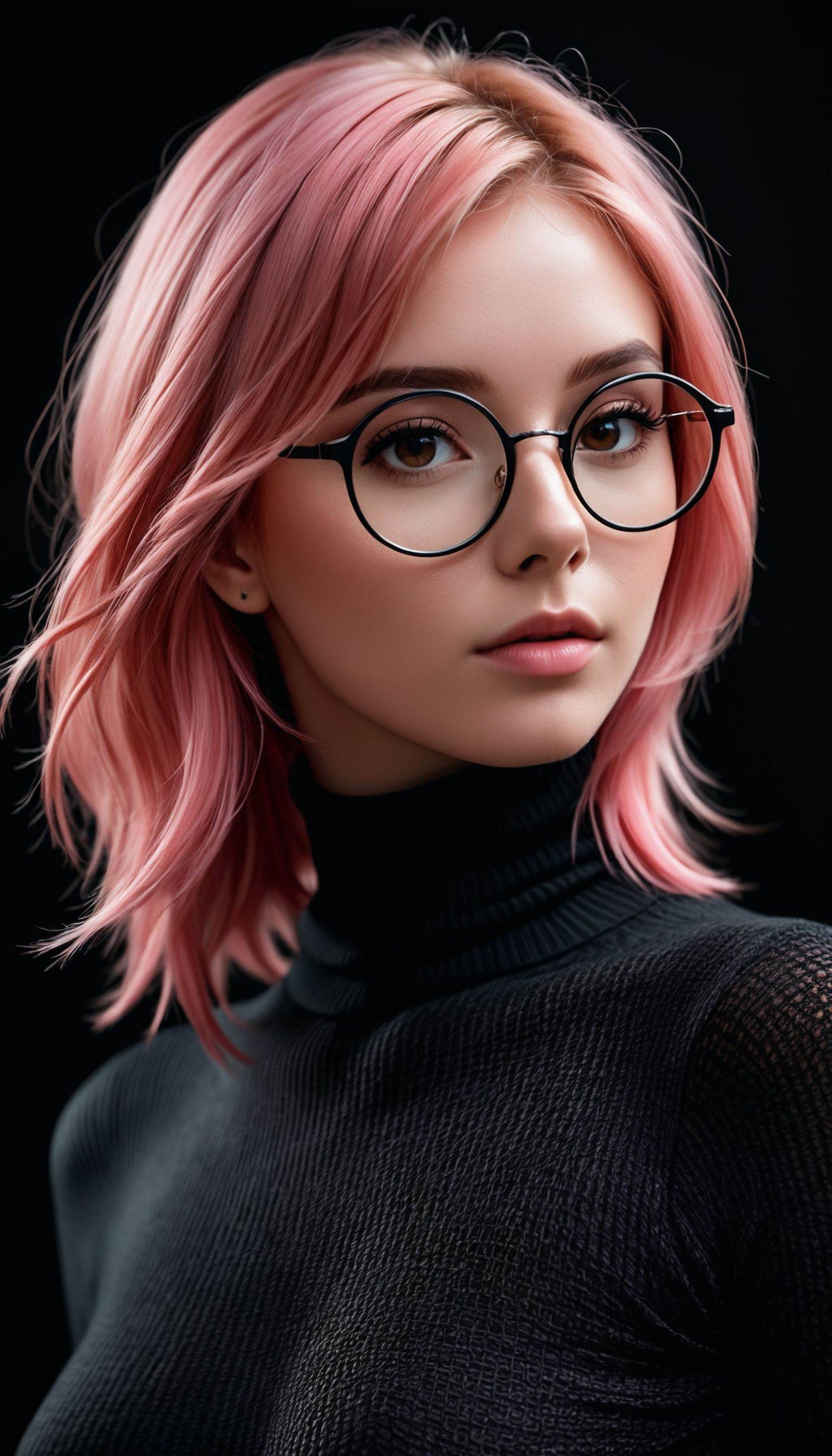photo of a beautiful 25-year-old woman with pink hair wearing a black turtleneck and wearing round glasses,  natural skin...