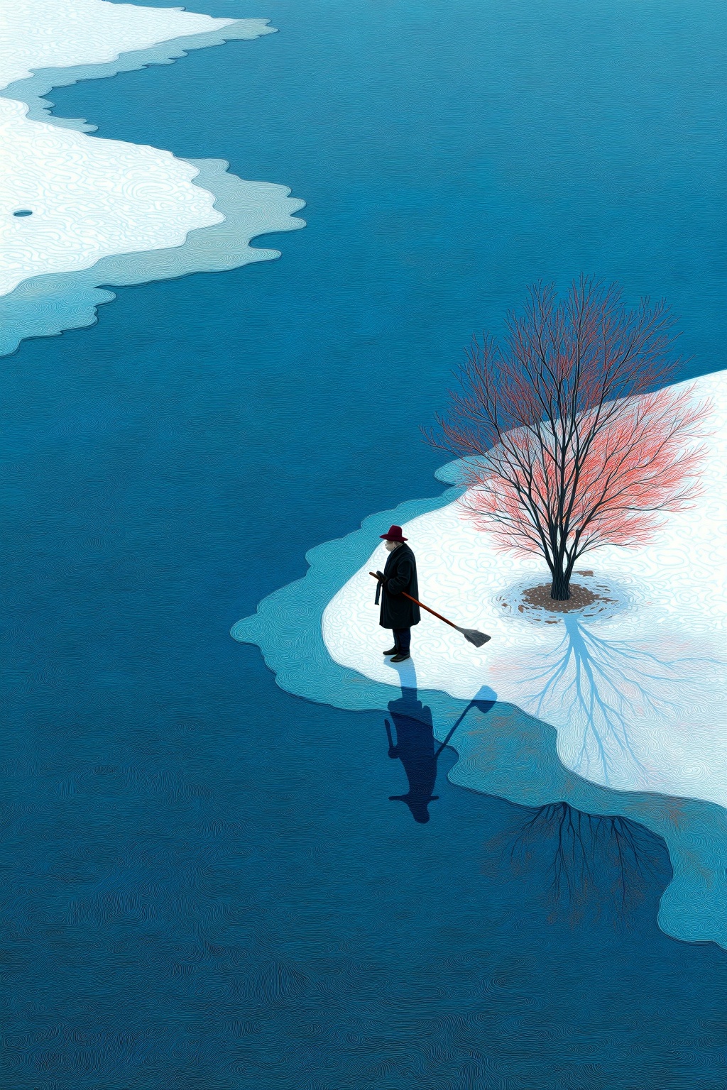 beijihui,a man in a black coat and hat is standing on the edge of a frozen lake, holding a long stick in his right hand. The man's shadow can be seen in the lower right corner of the frame, adding a touch of color to the scene. The lake is a deep blue, with wavy lines in the water creating a unique pattern. To the right of the man, a small tree with no leaves is visible. The tree's shadow is cast on the surface of the lake, adding depth to the composition.