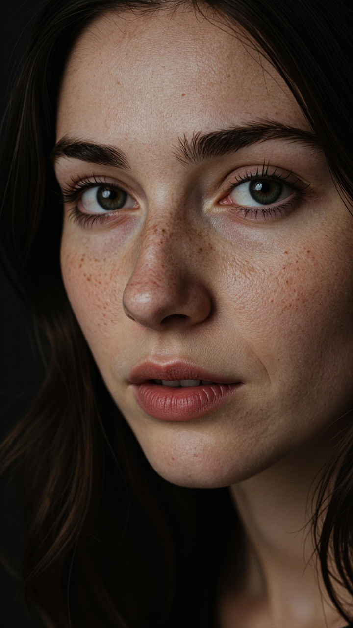 A captivating close-up portrait of an enigmatic woman's intricate features. Her delicate facial expressions evoke profound...