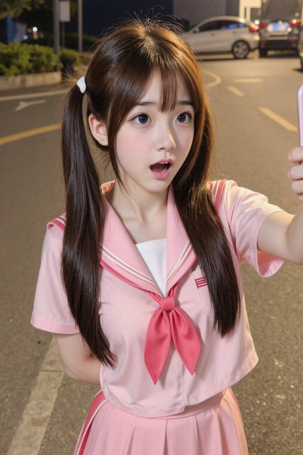 A young Asian woman with long brown hair,  styled in pigtails,  wears a pink sailor outfit and looks shocked while taking...