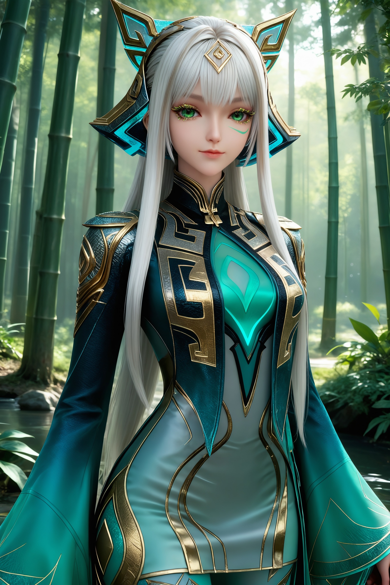 1girl,solo,standing,upper body,looking at viewer,bamboo,bamboo forest,masterpiece,best quality,absurdres,highres,amazing quality,dynamic  post,very aesthetic,newest,absurdres,highres,highly detailed,very aesthetic,outdoors,day,looking at viewer,blurry,<lora:少司缘-巫礼祀神Pony:0.7>,1girl,long,flowing white hair,green eyes,headpiece,luxurious,high-collared,form-fitting teal and gold,with intricate patterns outfit,high collar,long,flowing sleeves,matching green high-heeled boots,
