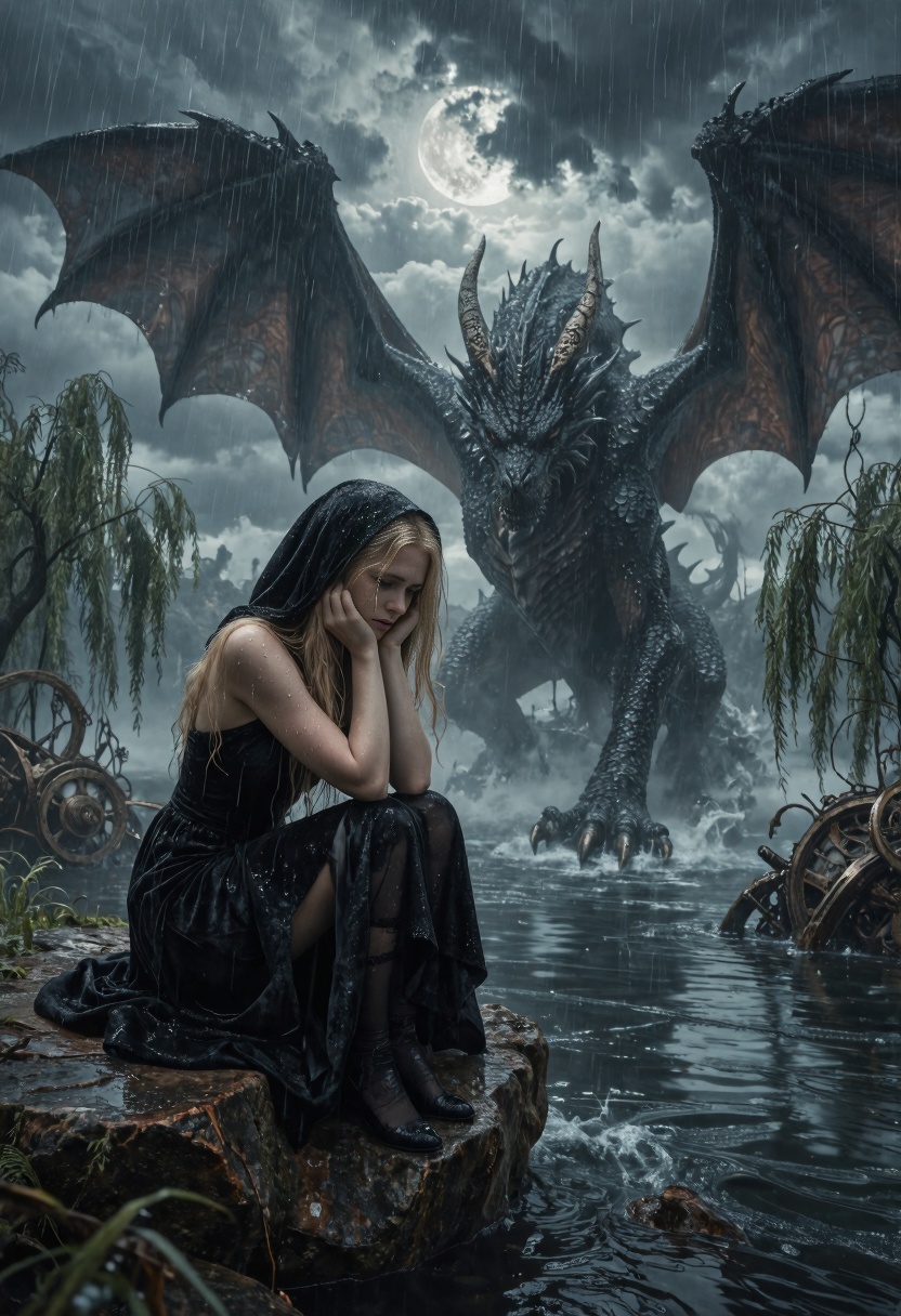a young woman sits on a weathered rock overlooking turbulent storm clouds that part momentarily to reveal glimpses of moon...